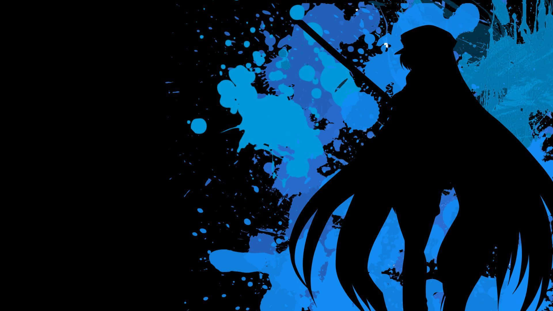 深藍色美學動圖 桌布 壁紙 — 一個長髮戴帽的動漫女孩的黑色剪影，站在鮮豔的藍色潑濺背景前。