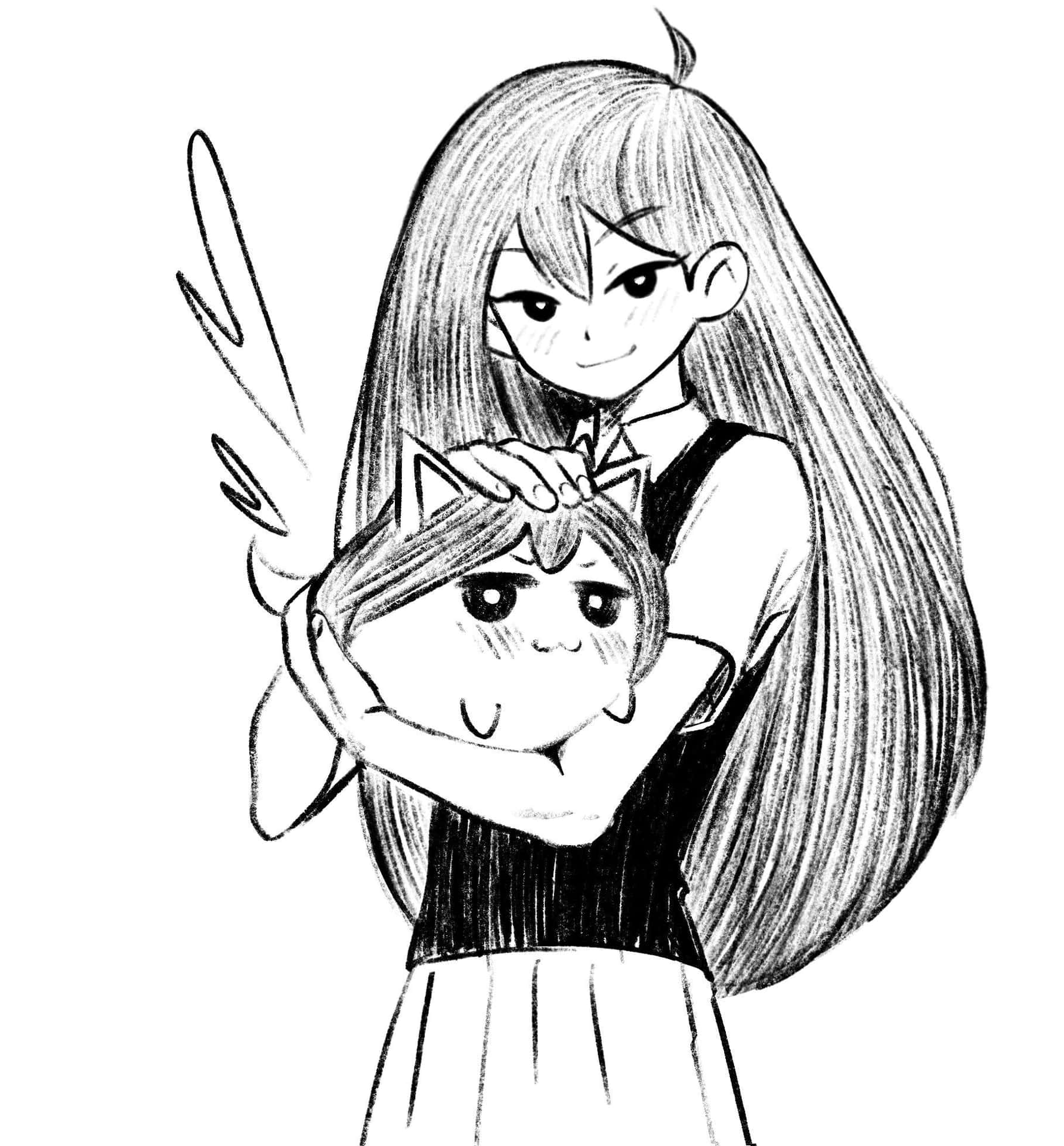 Cute Art 桌布 壁紙 — 一個長髮有翅膀的女孩溫柔地抱著一個較小的貓耳角色，給予溫柔的擁抱。