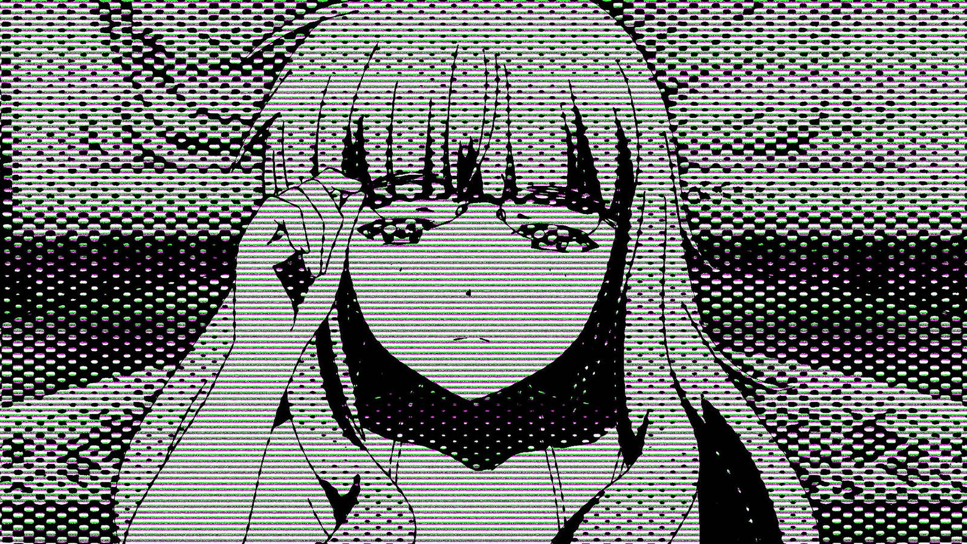 透過數位靜態效果觀看的長髮瀏海動漫女孩。 — 美少女動態圖 壁紙