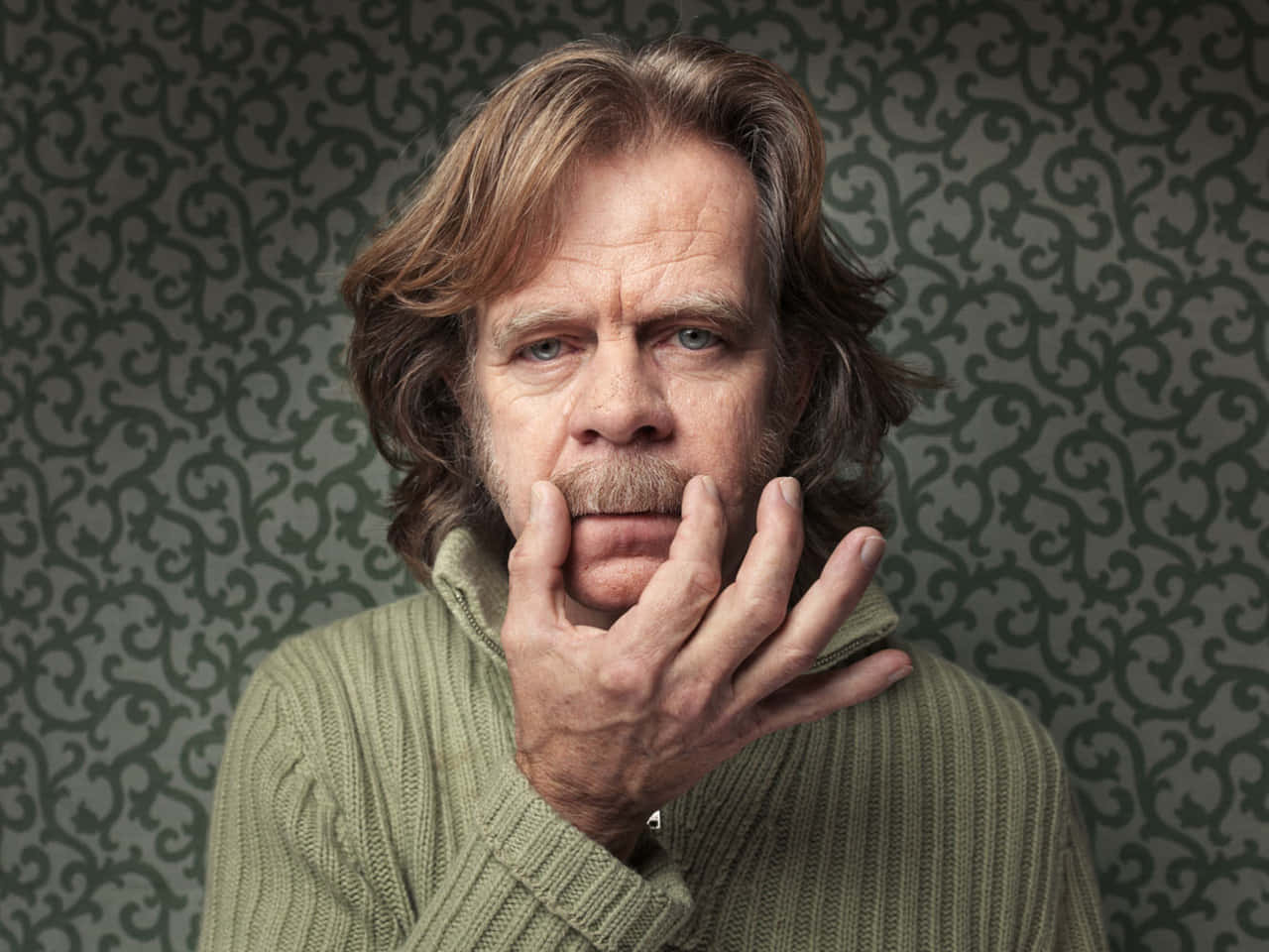 william h. macy 桌布 壁紙 — 一個長髮留鬍子的男人，將下巴擱在手上，靠著深色圖案壁紙。