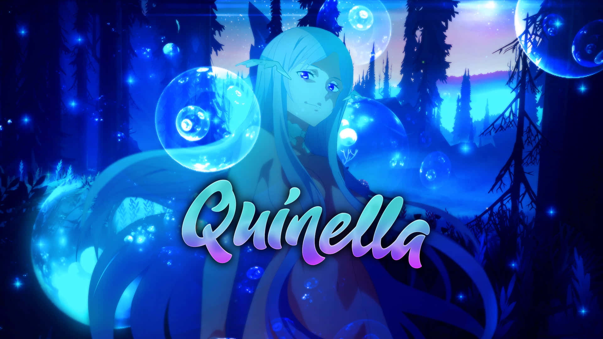 Sword Art Online Quinella 桌布 壁紙 — 一個長髮發光的動漫女孩站在神秘的藍色森林中，周圍漂浮著氣泡和閃爍的光芒。