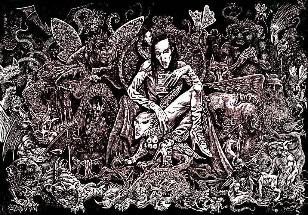 一個坐著的人物被一群密集的奇幻怪物包圍，以黑白墨水繪製。 — 惡魔動圖 壁紙