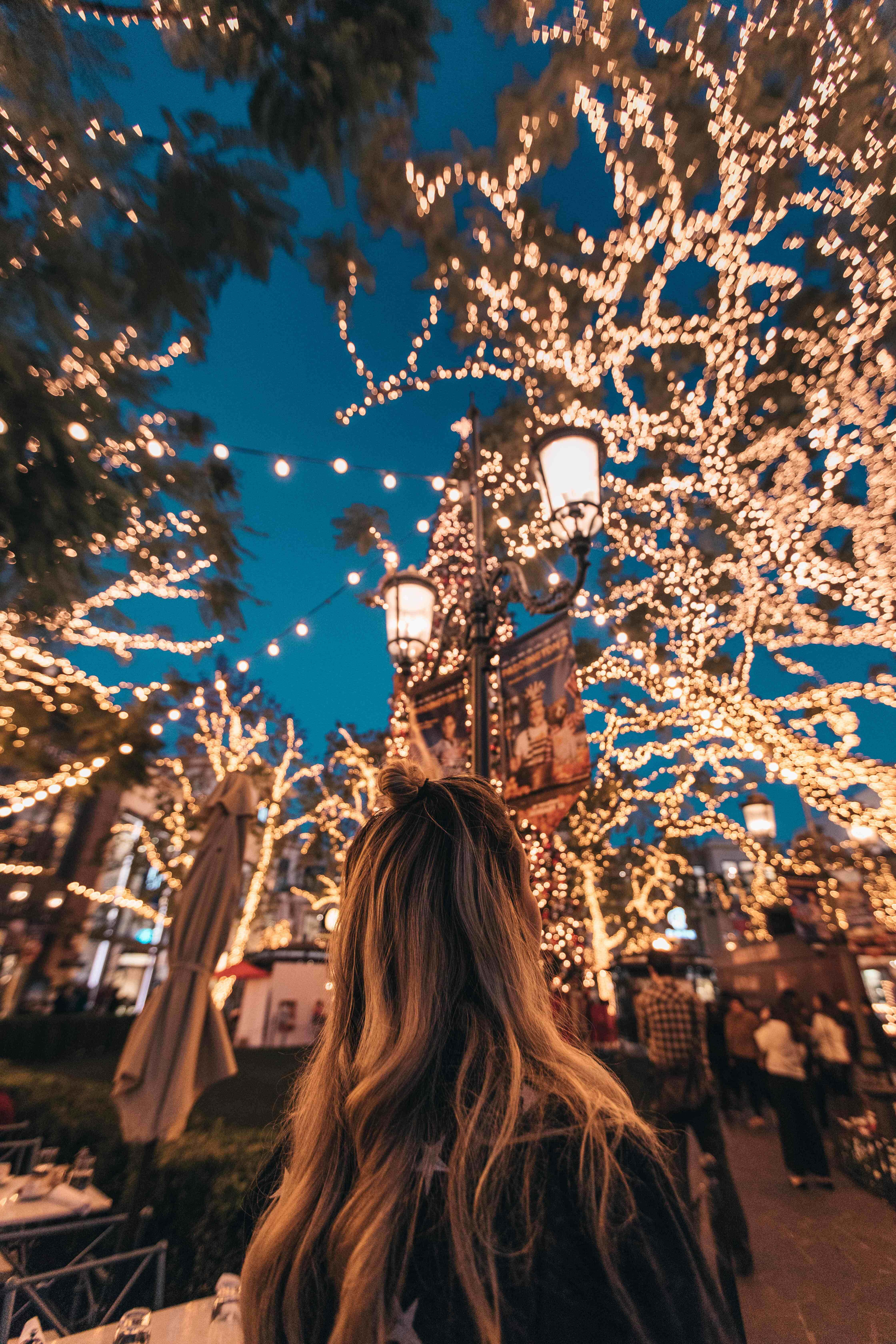 Christmas Scene 桌布 壁紙 — 一個長髮的人抬頭仰望點綴著閃爍燈串的樹木和路燈，背景是深藍色的夜空。