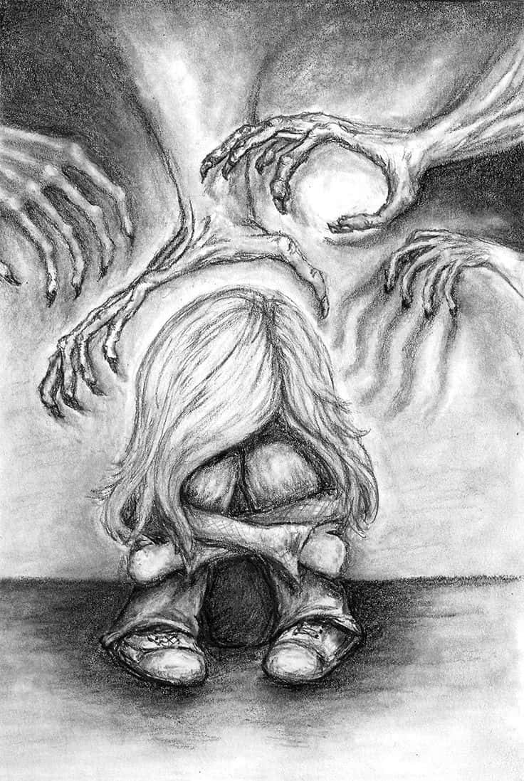 emotion 桌布 壁紙 — 一個長髮的人絕望地蹲下，骷髏般的手從上方伸下來，形成一幅令人難忘的鉛筆素描。