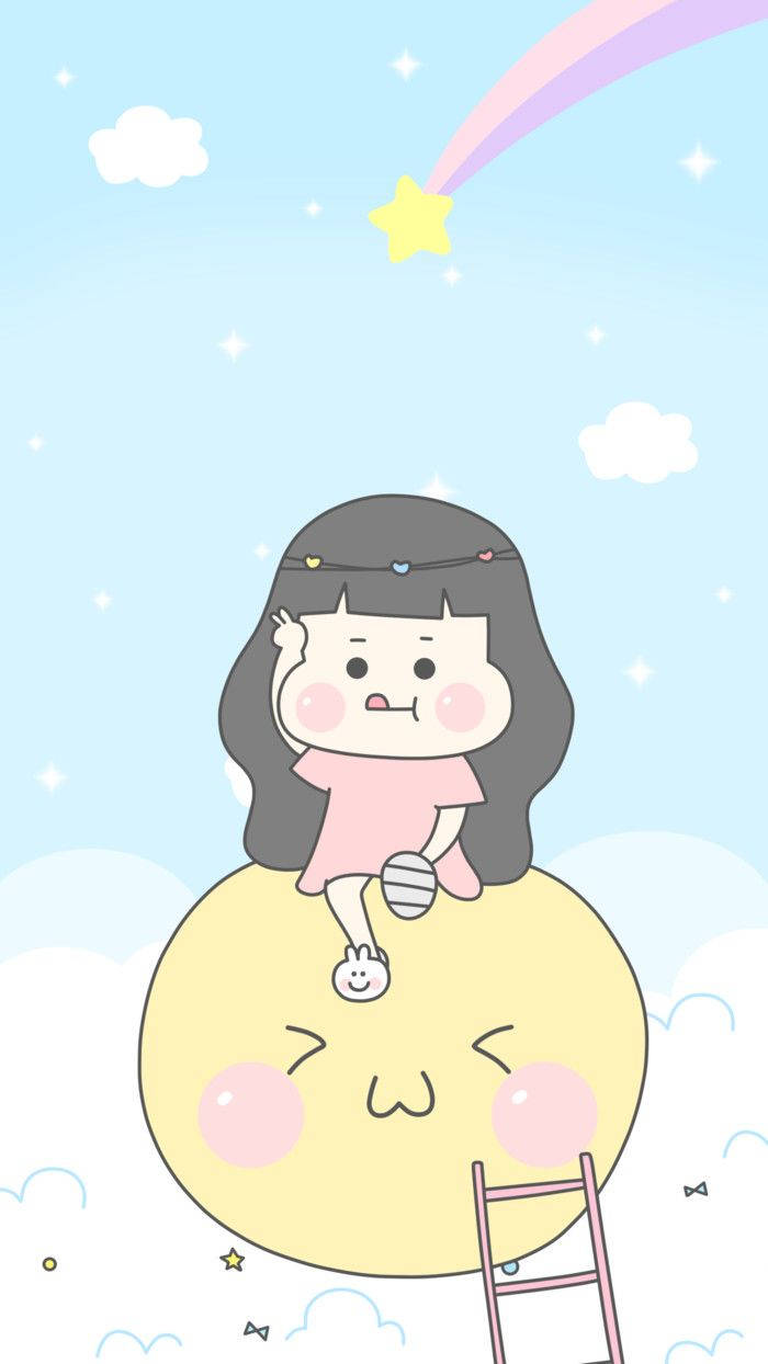 一個女孩坐在微笑的月亮上，下方有彩虹和星空。 — 粉彩可愛動圖 壁紙