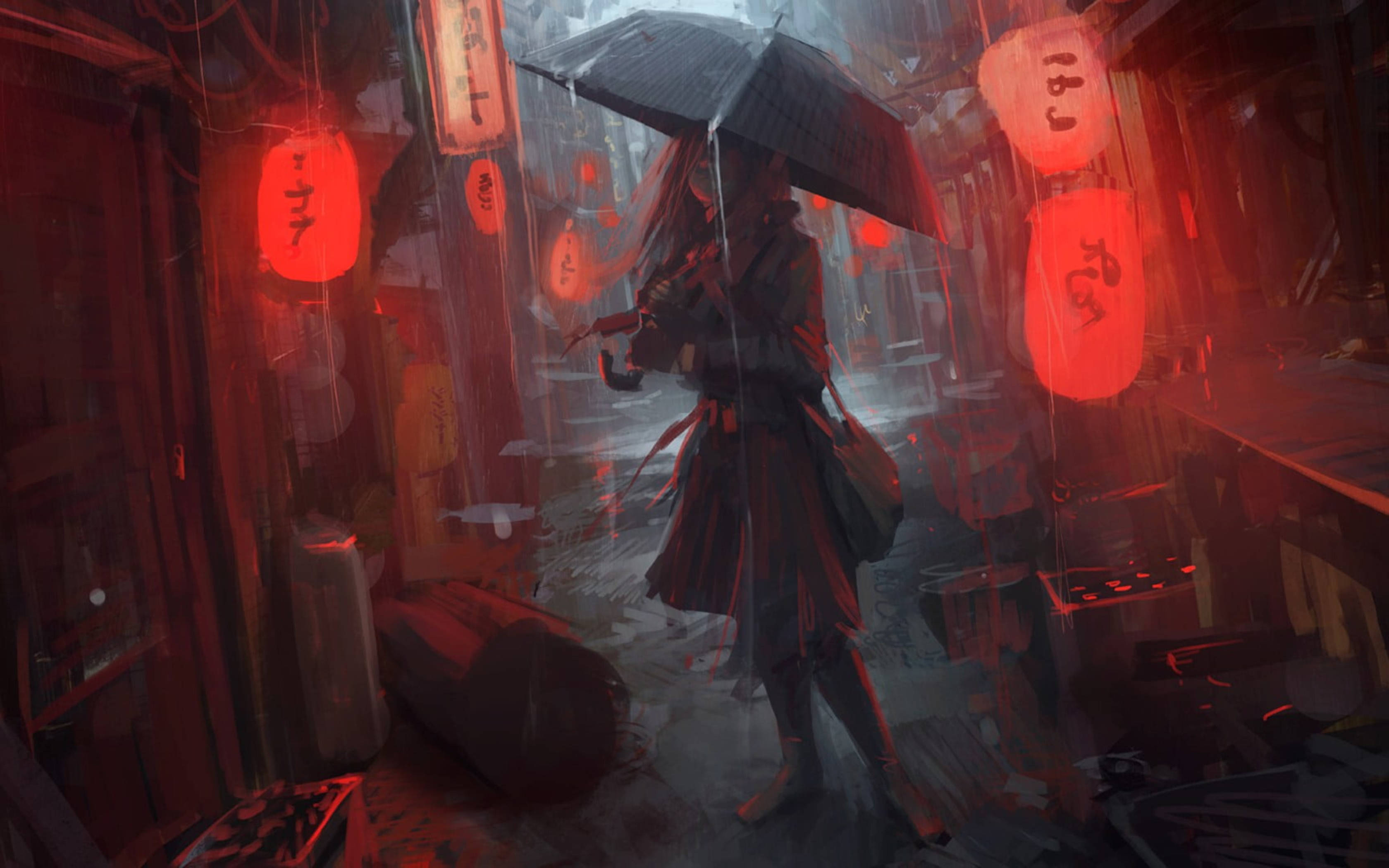 Animated Girl 桌布 壁紙 — 一個長髮的孤獨身影在雨中巷弄中撐著黑傘行走，周圍的紅色燈籠在濕石上投射出溫暖的光芒。