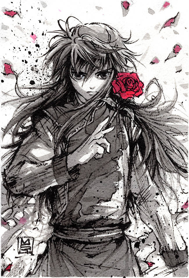 Kurama 桌布 壁紙 — 一個長髮的憂鬱動漫女孩，在濺滿黑白背景上拿著一朵紅玫瑰。