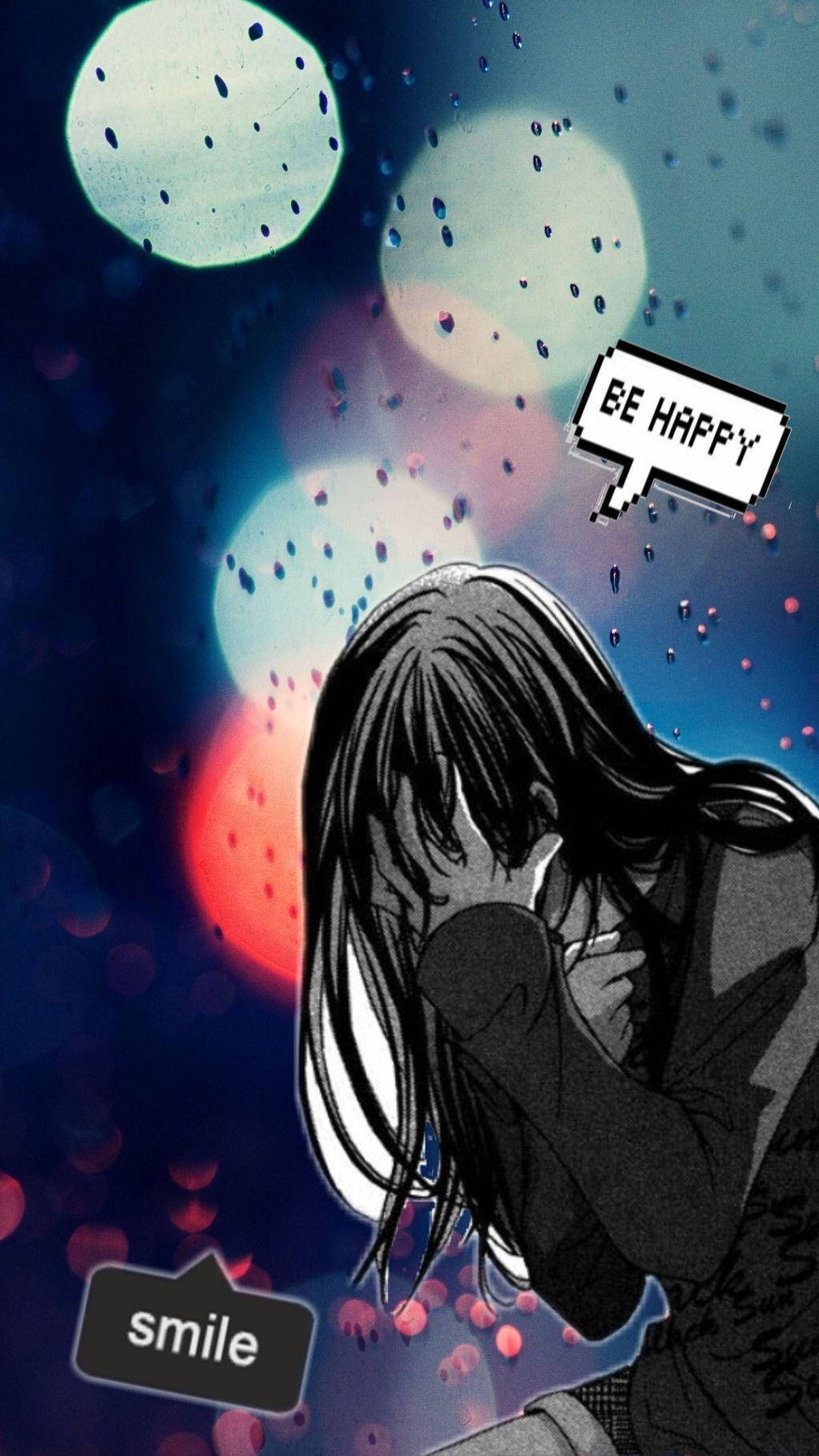 Bokeh 桌布 壁紙 — 一個長髮的憂鬱動漫女孩在雨滴落下時，以充滿活力的散景城市景觀為背景，用「be happy」和「smile」對話框遮住臉龐。