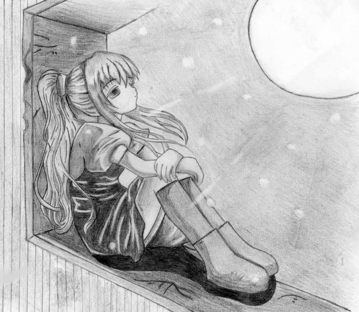 動漫繪圖 桌布 壁紙 — 一個長髮的憂鬱動漫女孩獨自坐在窗台上，凝視著滿月下飄落的雪花。