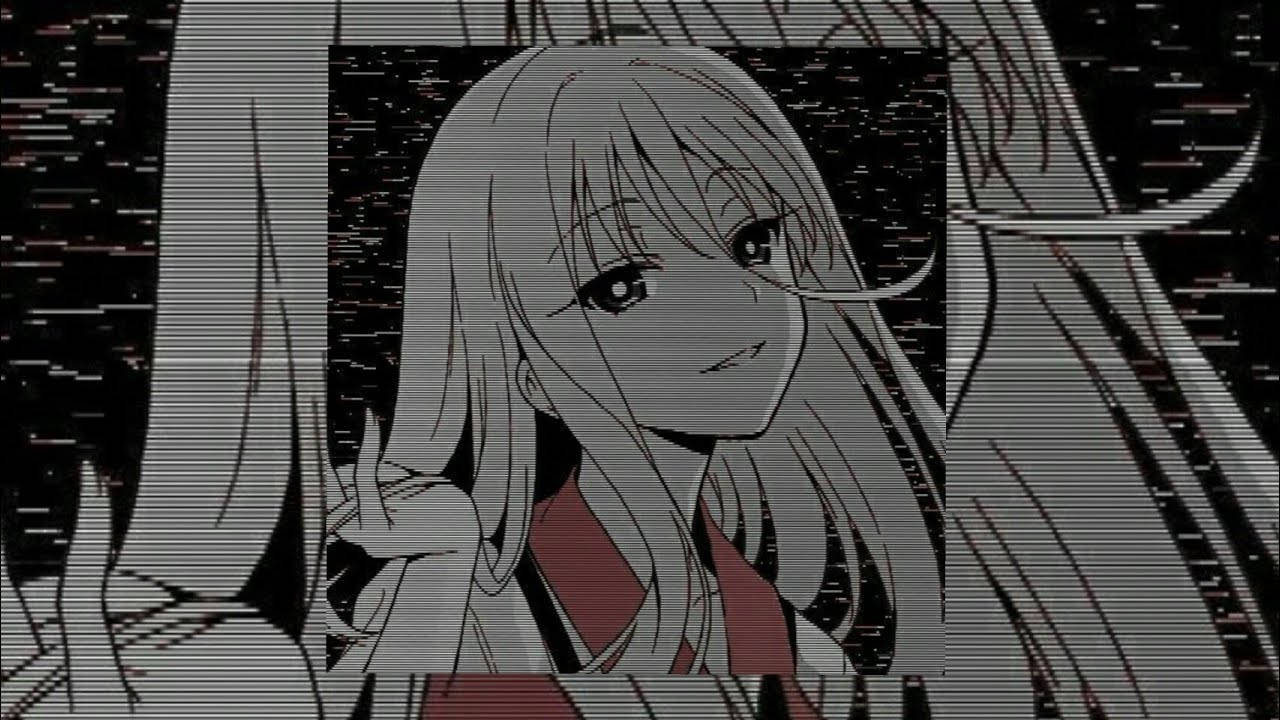 Edgy 桌布 壁紙 — 一個長髮的故障動畫女孩在扭曲的數位背景中溫柔微笑。