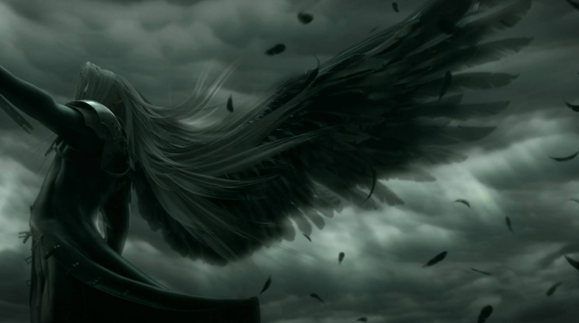 Sephiroth 桌布 壁紙 — 一個長髮的暗翼身影站在暴風雨的天空下，黑色羽毛在黑暗中飄蕩。