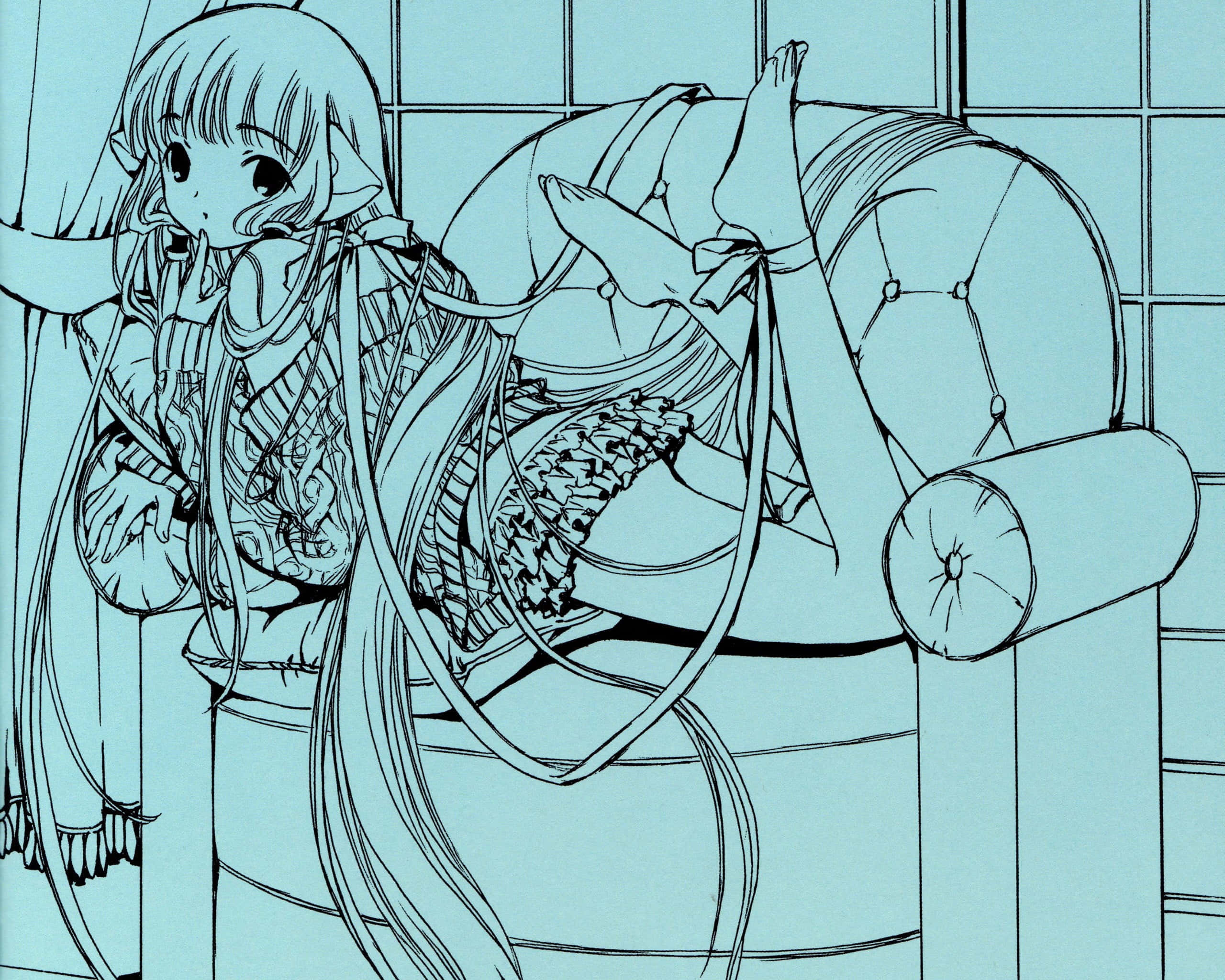 Chobits 桌布 壁紙 — 一個長髮的細膩動漫女孩，在帶有青色色調的單色線條藝術風格的簇絨椅上閒躺。