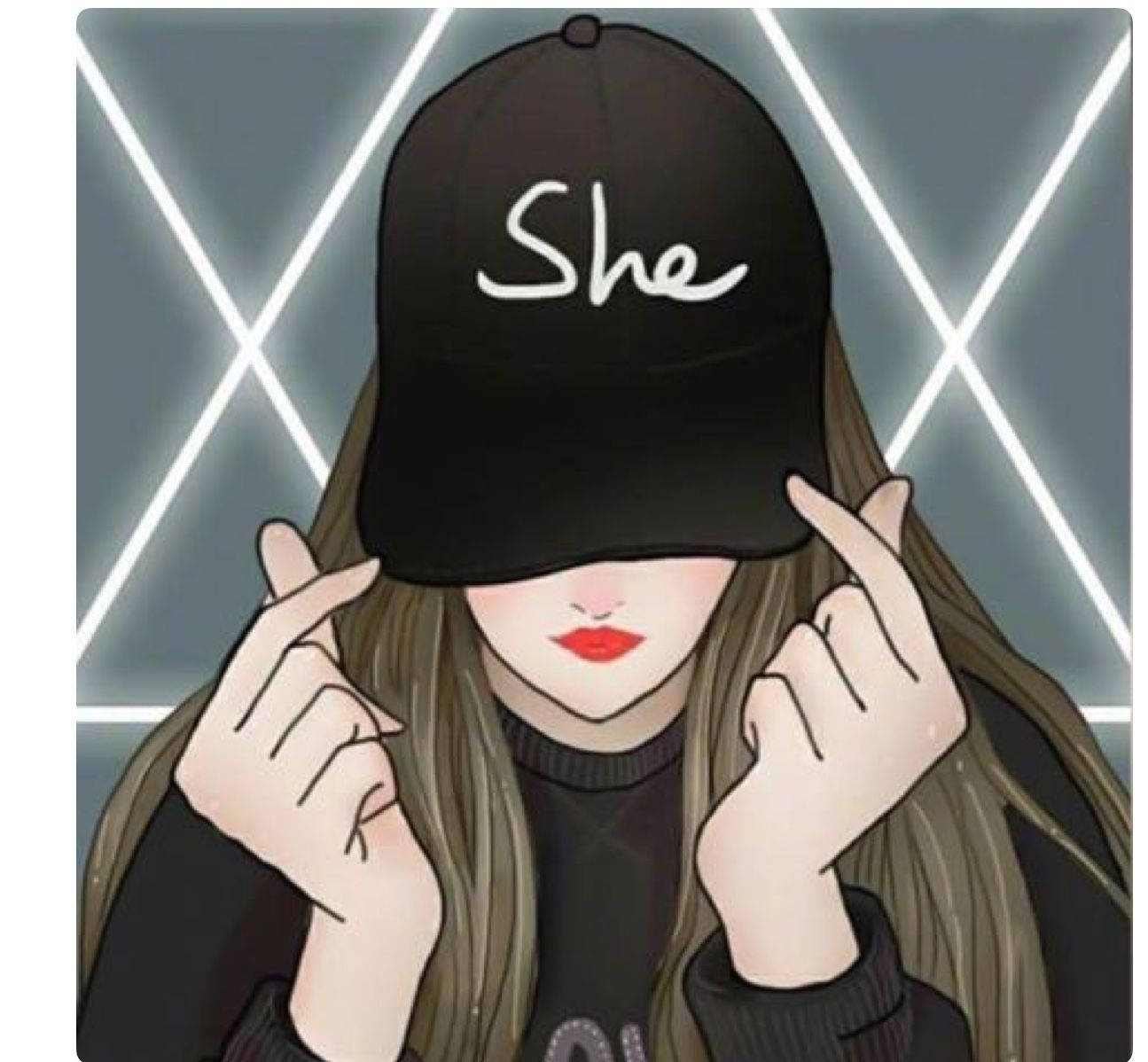 戴黑色帽子寫有'She'的女孩在發光背景前做出手指愛心手勢。 — BTS 防彈少年團 粉絲 女孩 GIF 壁紙