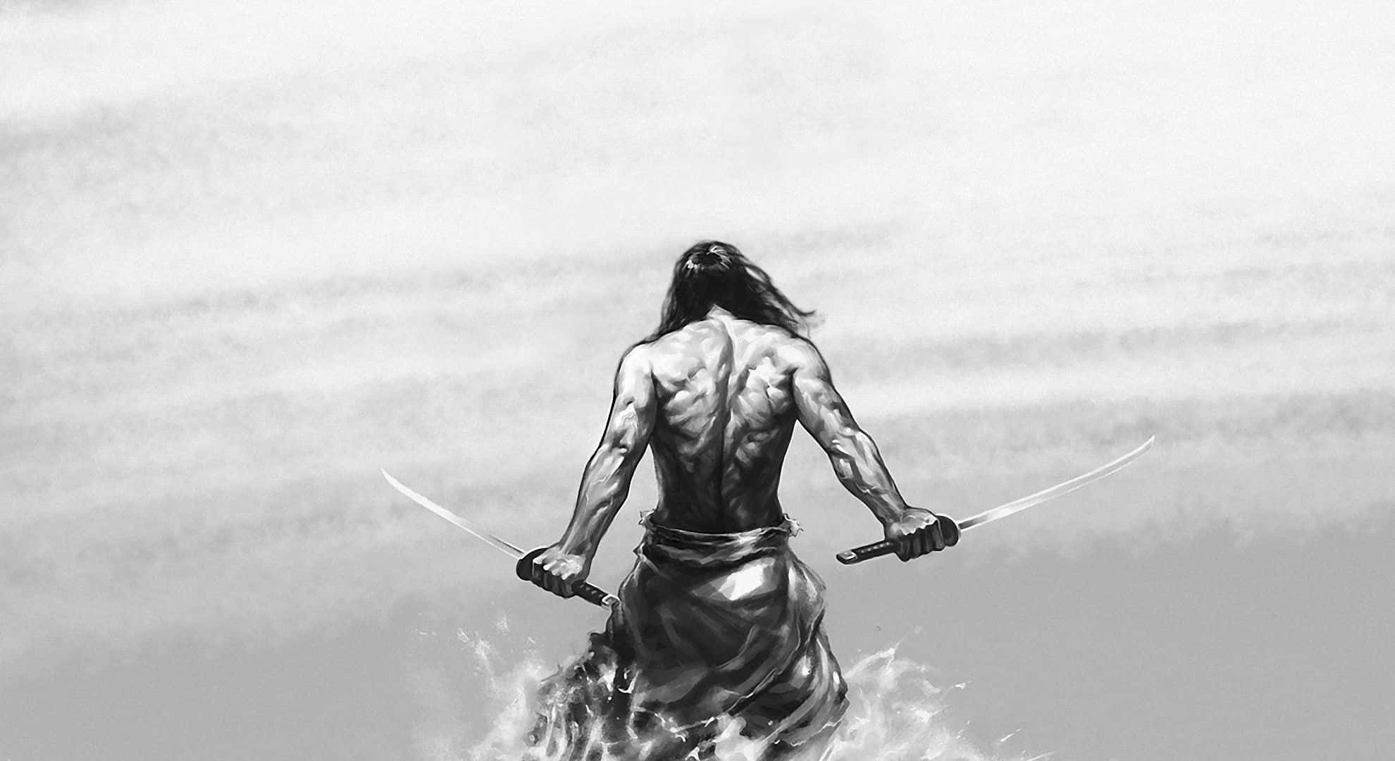 Black And White Samurai 桌布 壁紙 — 一個長髮肌肉戰士手持兩把劍涉水而行，凝視著空曠的地平線。