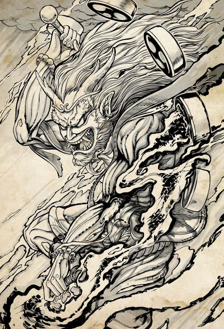Raijin 桌布 壁紙 — 一個長髮長角的兇猛惡魔戰士，在旋轉的動作線條中揮舞著錘子，是一幅動態的黑白墨水插圖。