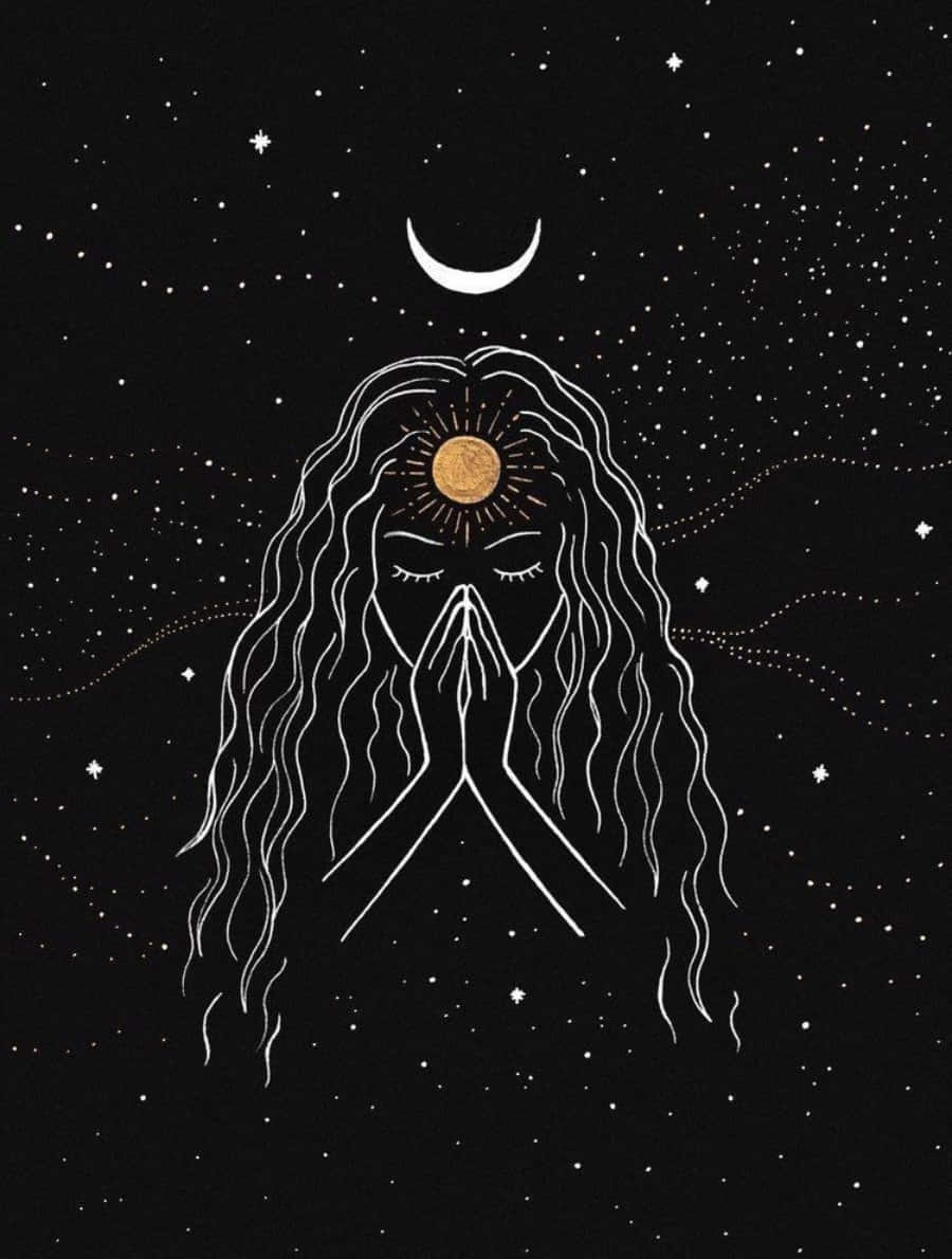 Spirituality 桌布 壁紙 — 一個長髮閉眼的寧靜人物在彎月和星星下祈禱，金色的太陽圓盤在他們的額頭上發光。
