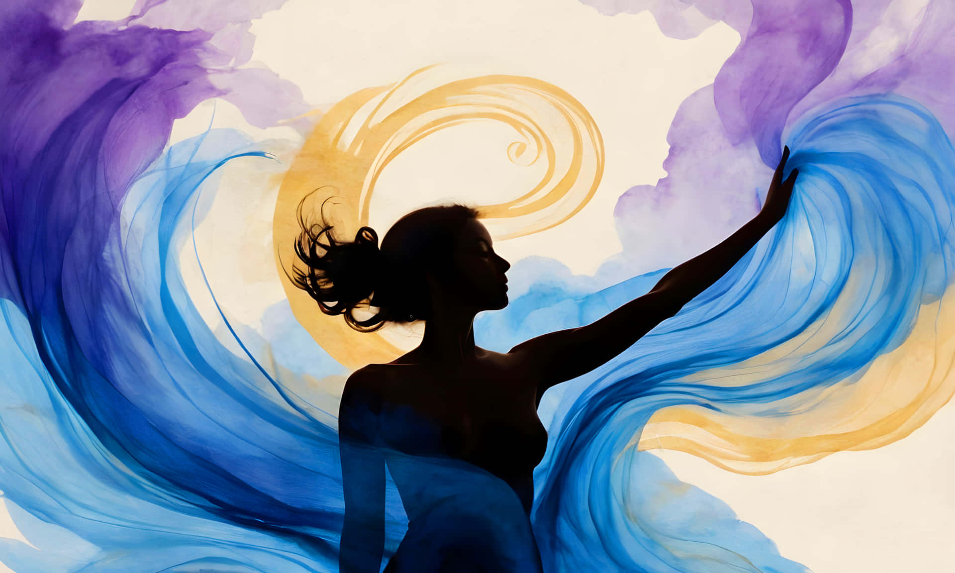 The Essence of Inner Peace 壁紙 — 一個長髮飄逸的女性剪影，站在旋轉的藍色、紫色和金色抽象水彩波浪前。