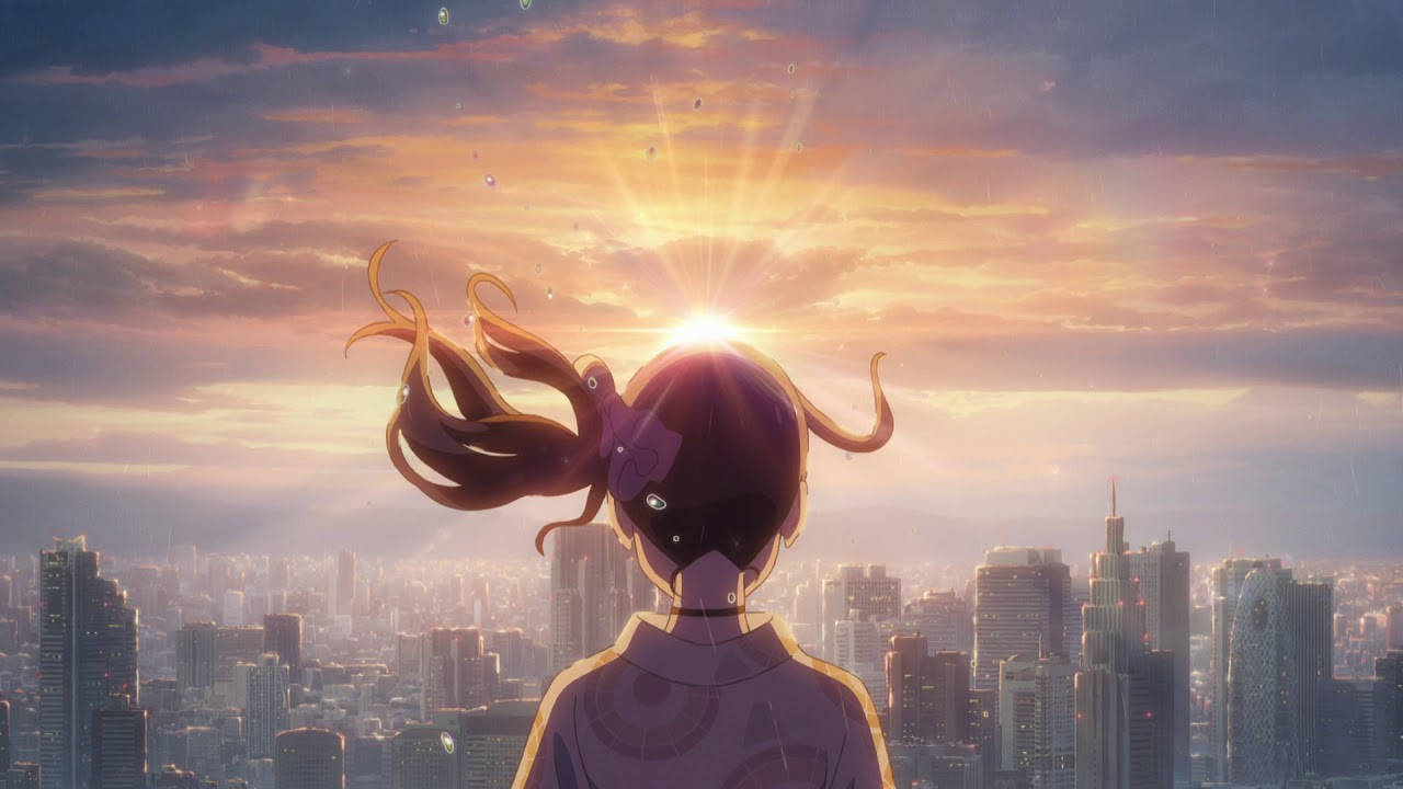 Makoto Shinkai 桌布 壁紙 — 一個長髮飄逸的年輕女孩站在夕陽下的城市天際線上，在燦爛的天空中形成剪影。