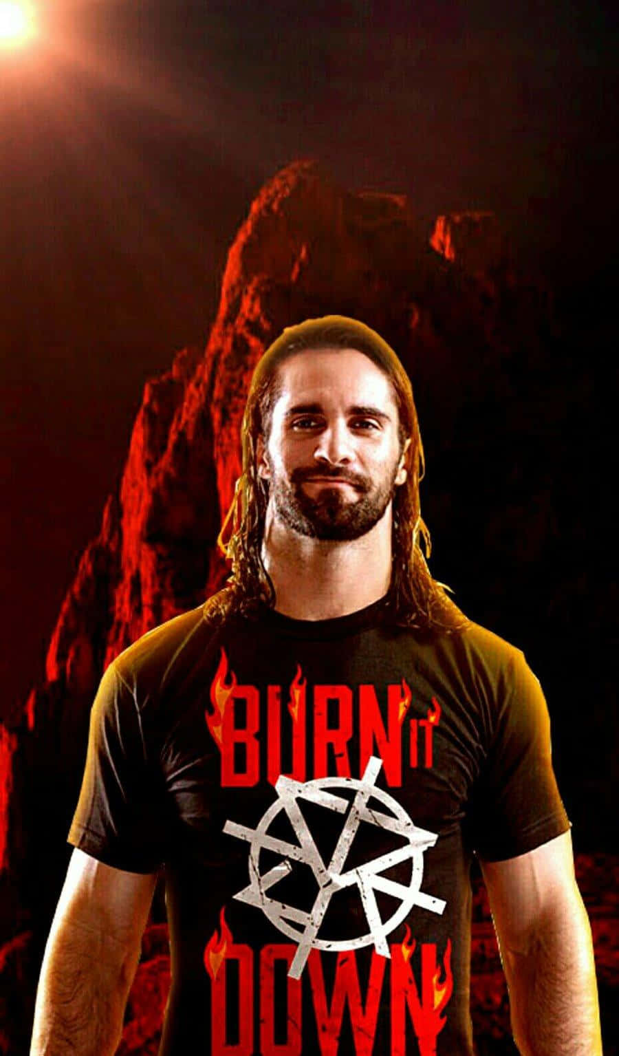WWE 桌布 壁紙 — 一個長髮鬍鬚的男人自信地站在火紅岩石懸崖前，光線戲劇性。