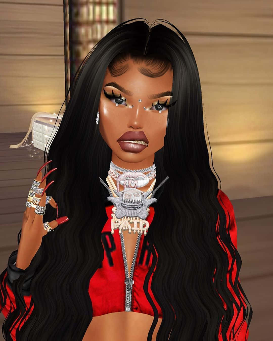imvu 桌布 壁紙 — 一個長黑髮、佩戴重型珠寶的迷人數位化身，自信地穿著紅色服裝擺姿勢。