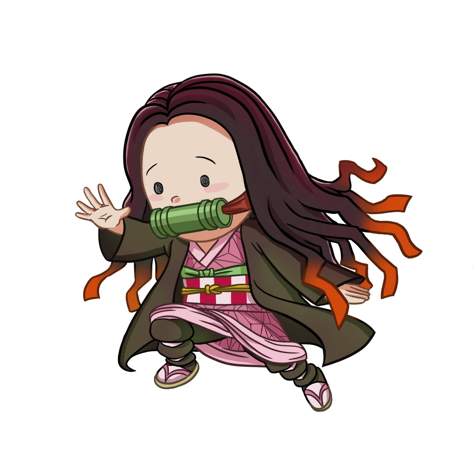 Demon Slayer Chibi 桌布 壁紙 — 一個長黑髮、戴著竹製口枷的Q版動漫女孩，穿著傳統日本服飾愉快地揮手。