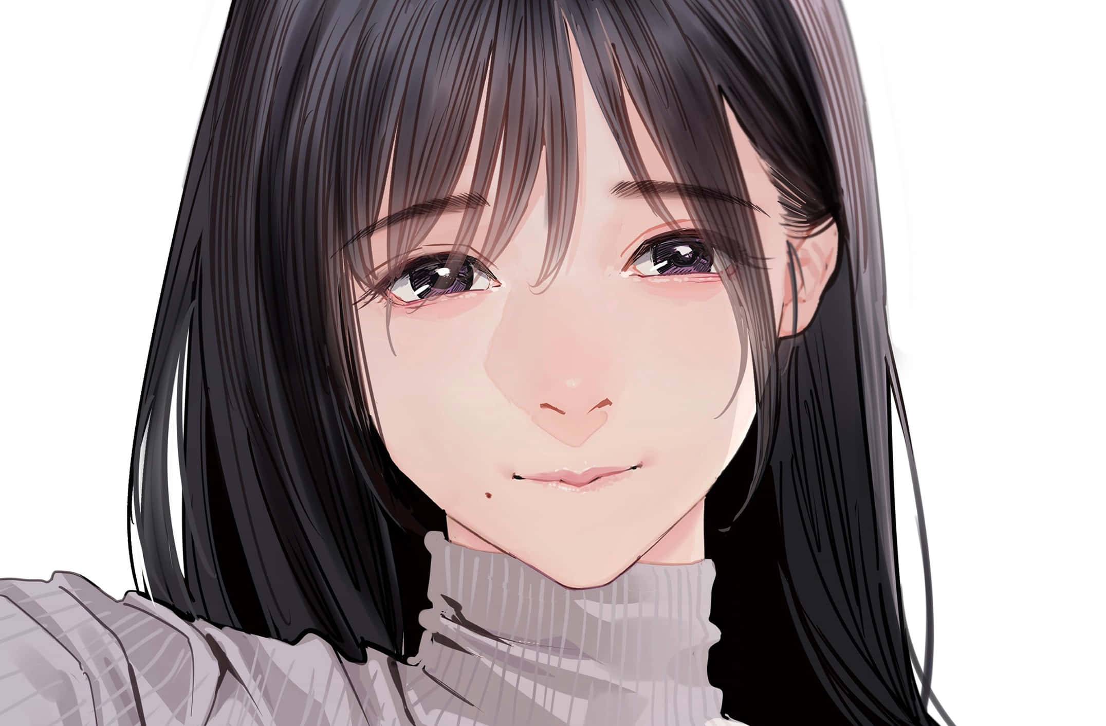 Anime Girl Black Hair 桌布 壁紙 — 一個長黑髮、粉紅臉頰的動漫少女特寫，在純白背景前溫柔微笑。