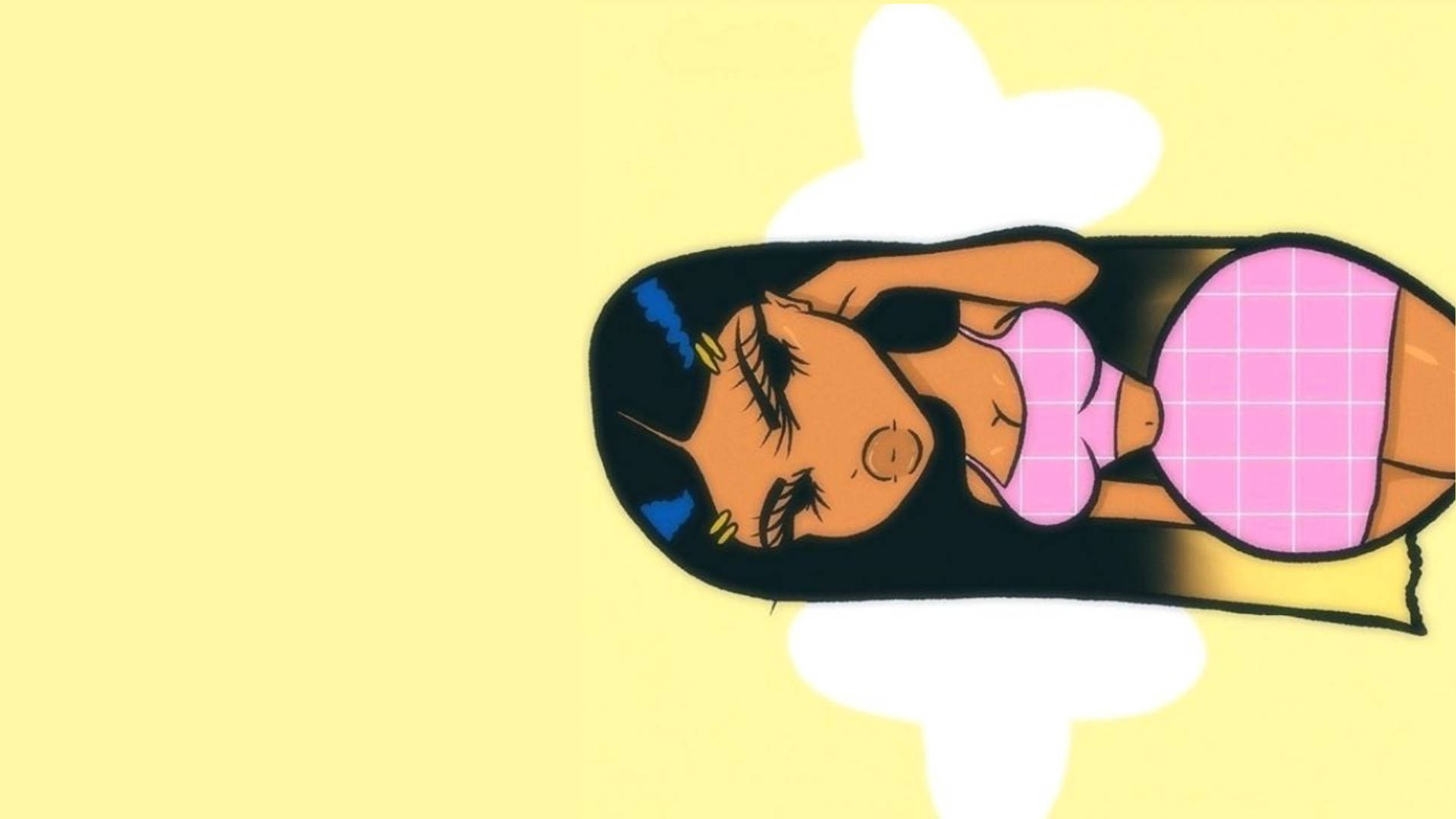 black cartoon girl 桌布 壁紙 — 一個長黑髮、身穿粉紅色格紋上衣的卡通女性，側躺在柔和的黃色背景上。