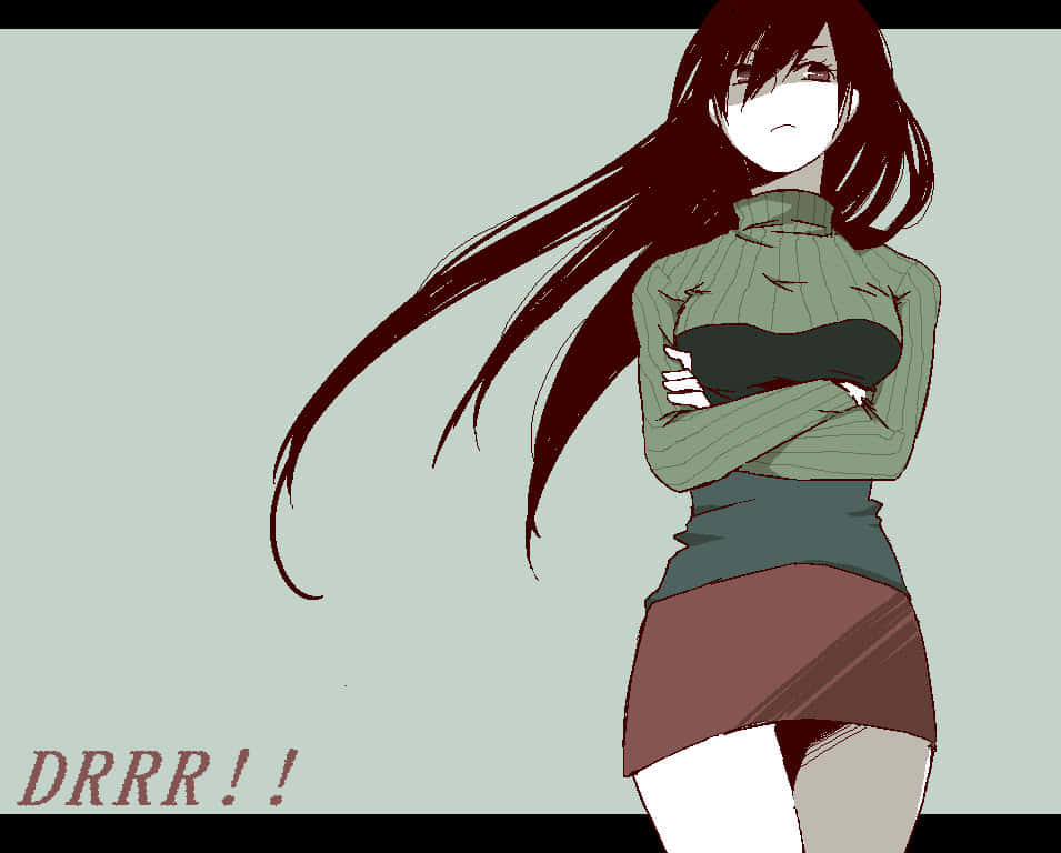 Namie Yagiri 桌布 壁紙 — 一個長黑髮、雙臂交叉的動漫女孩站在一個帶有 'DRRR!!' 音效的純色背景前。