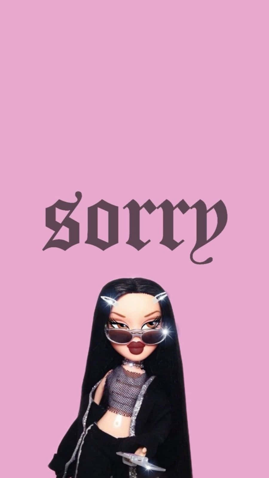 Bratz 桌布 壁紙 — 一個長黑髮戴太陽眼鏡的洋娃娃站在粉紅色背景前，背景上有哥德字體的「sorry」字樣。