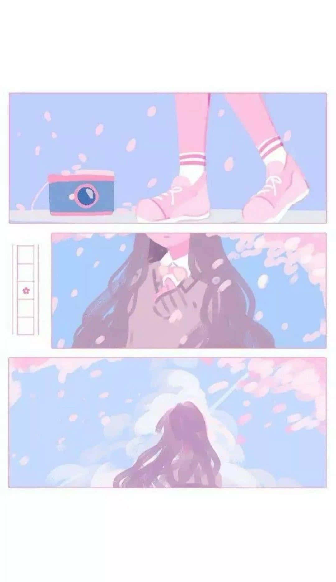 Pastel Pink Aesthetic Anime 桌布 壁紙 — 一個長黑髮的年輕女孩在飄落的粉紅櫻花下行走，手持相機，風格柔和粉彩動漫。