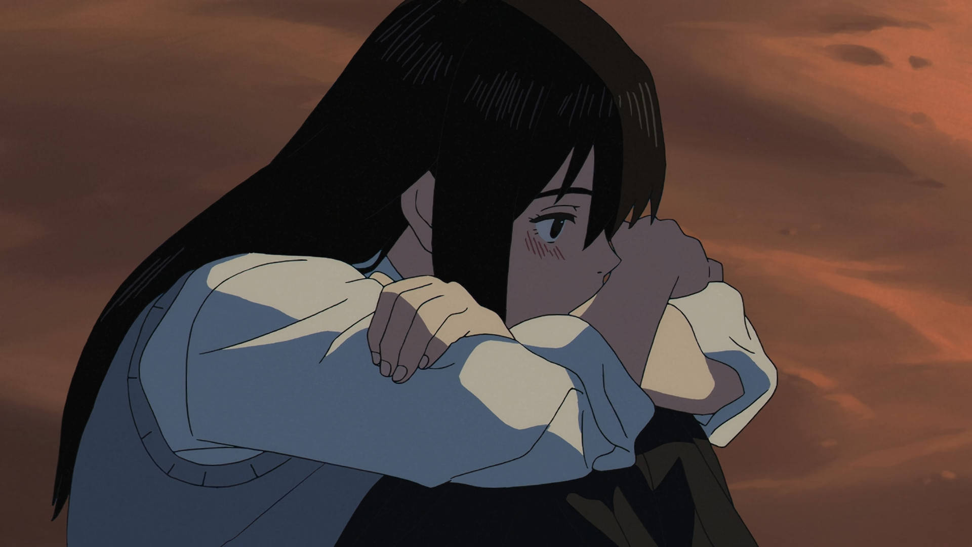 Sonny 桌布 壁紙 — 一個長黑髮的憂鬱動漫女孩在溫暖的橙色夕陽天空下緊緊擁抱自己。