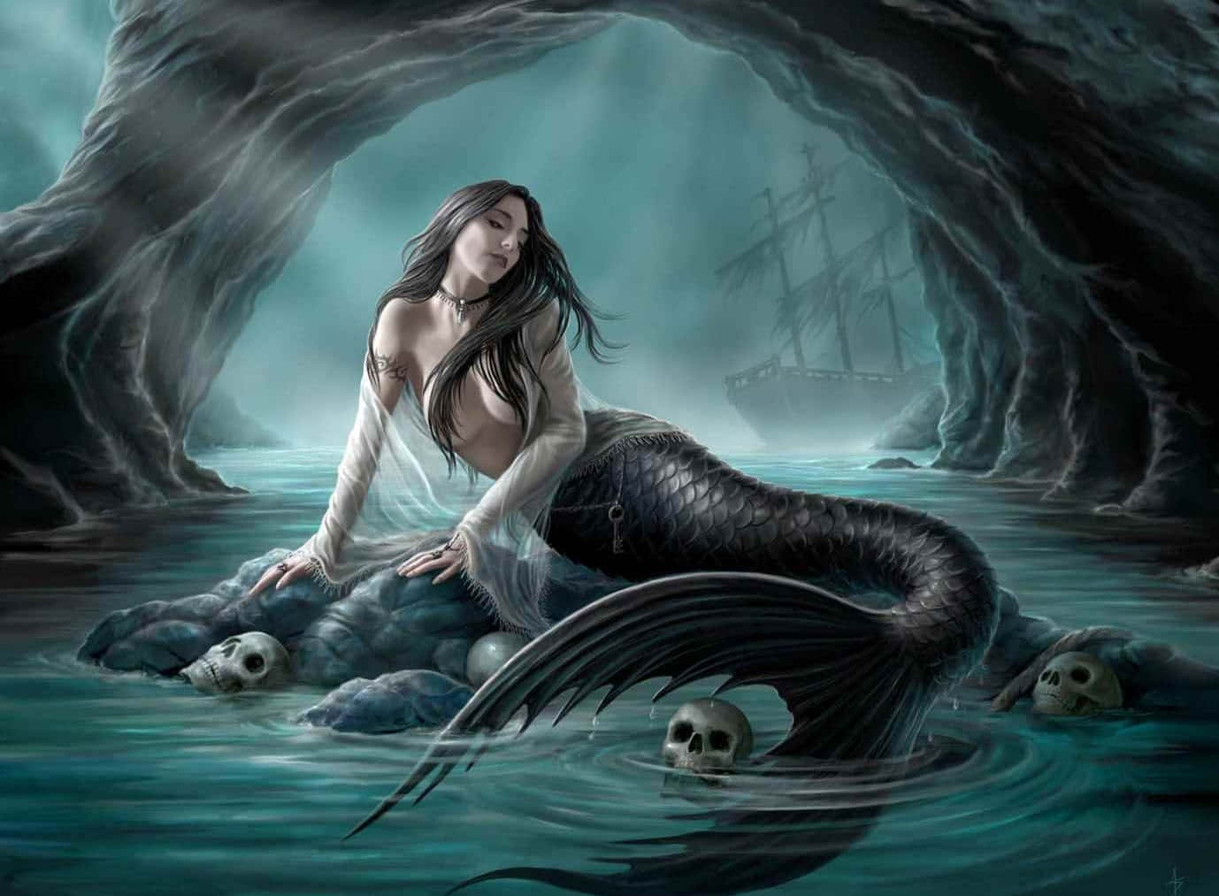 美人魚 桌布 壁紙 — 一個長黑髮的暗黑美人魚坐在霧氣瀰漫的水下洞穴中，周圍環繞著頭骨和背景中的幽靈船。