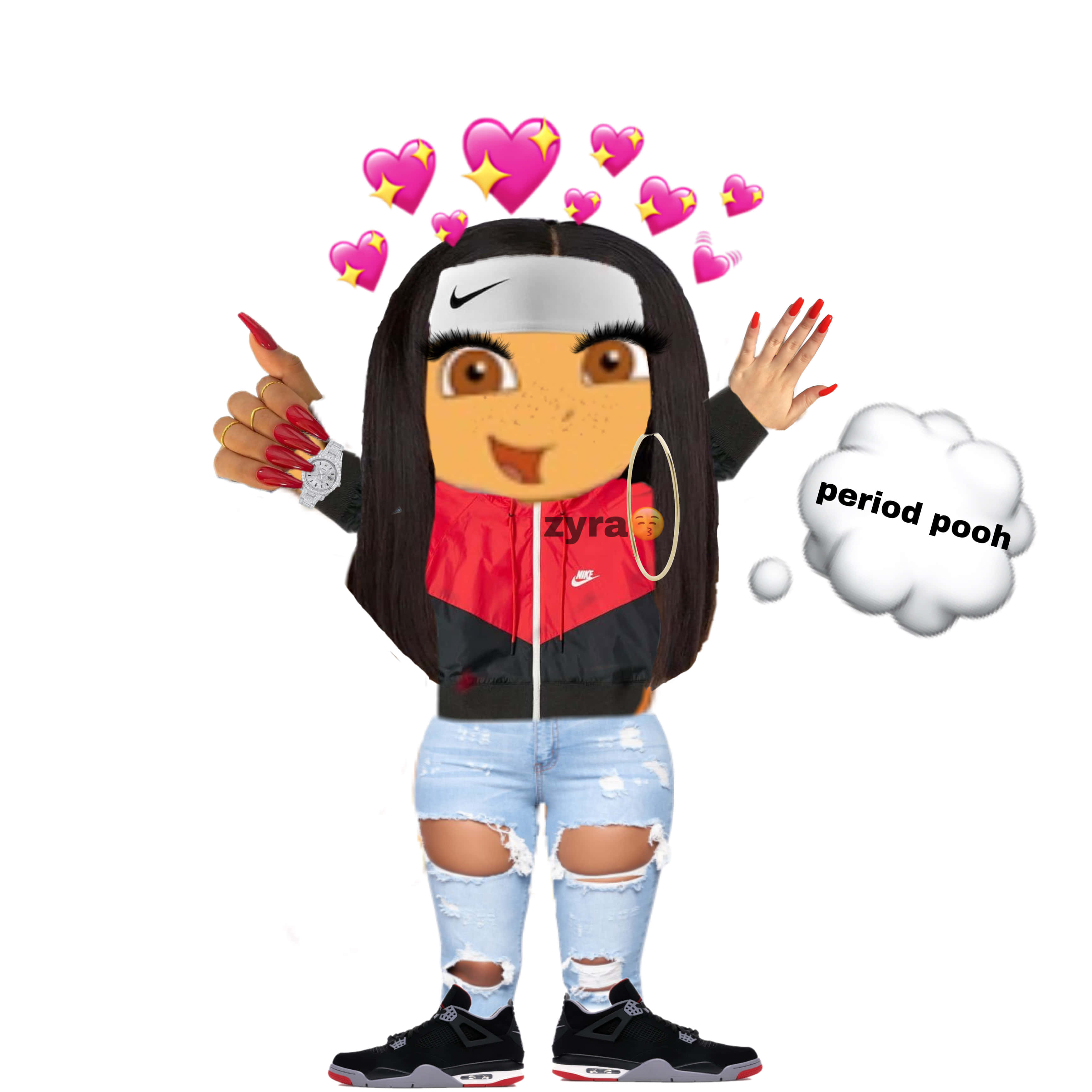 Funny Dora 桌布 壁紙 — 一個長黑髮紅指甲的卡通女孩，穿著紅黑外套、破洞牛仔褲和運動鞋，粉紅愛心在她頭頂飄浮，一個思想泡泡寫著period pooh。