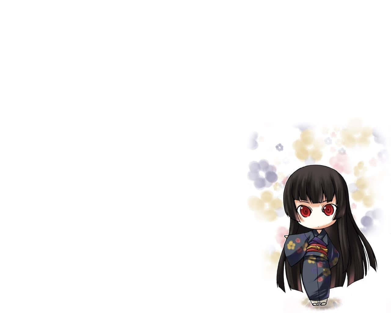 Q版動漫 桌布 壁紙 — 一個長黑髮紅眼的Q版動漫女孩，穿著花卉和服，背景是柔和的粉彩散景。