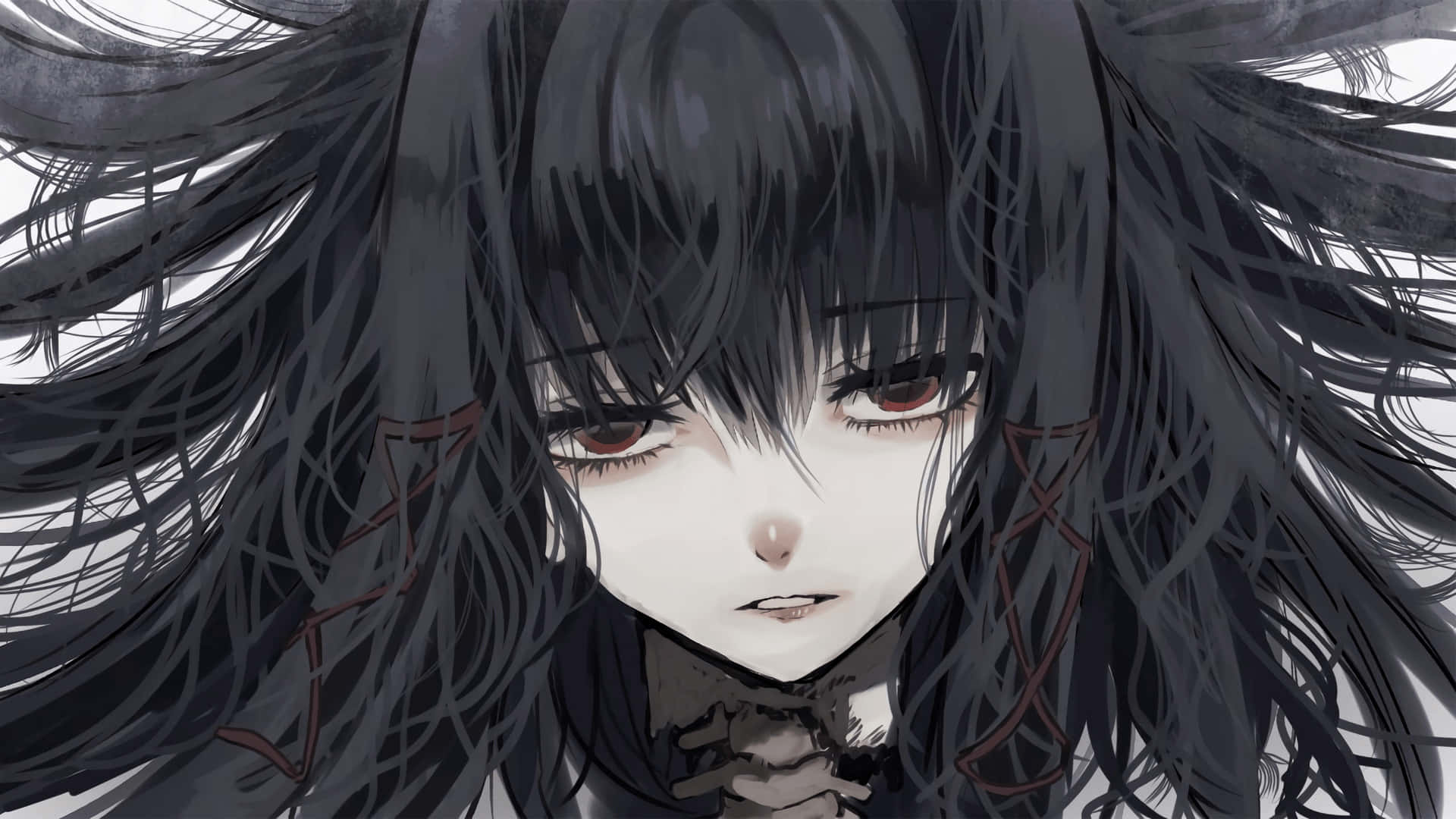 Thriller Anime 桌布 壁紙 — 一個長黑髮紅眼的動漫女孩特寫，帶著憂鬱的表情向下凝視。
