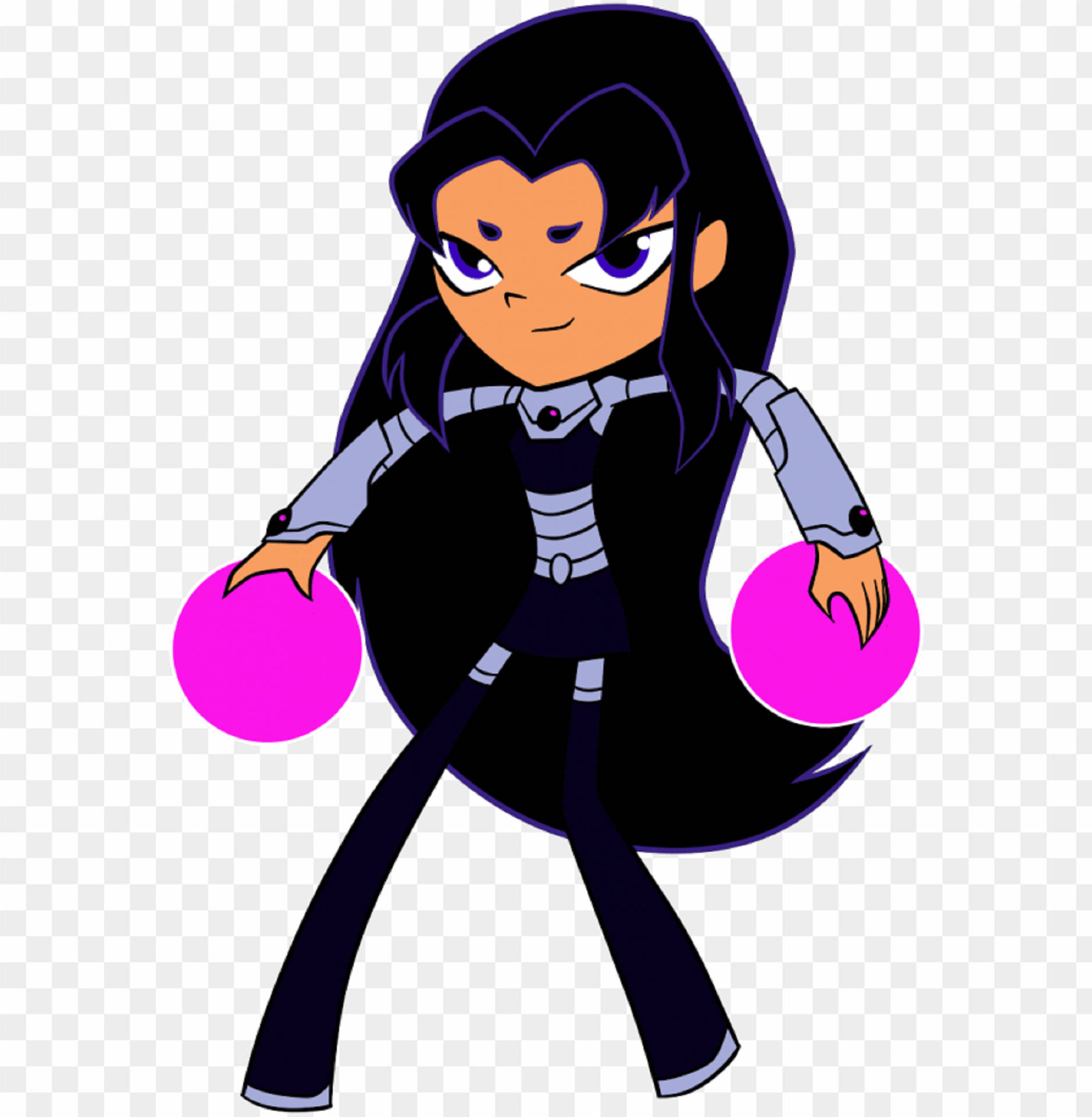 Blackfire 桌布 壁紙 — 一個長黑髮紫眼的Q版動畫女孩，以自信姿態手持兩個發光粉紅球體。