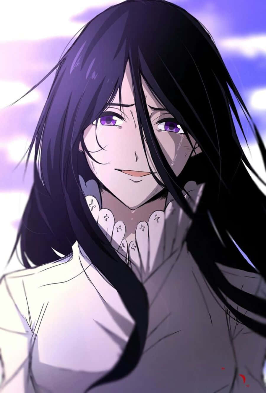 The Promised Neverland Isabella 桌布 壁紙 — 一個長黑髮紫眼的動漫女孩特寫，在柔和紫色天空下溫柔微笑。