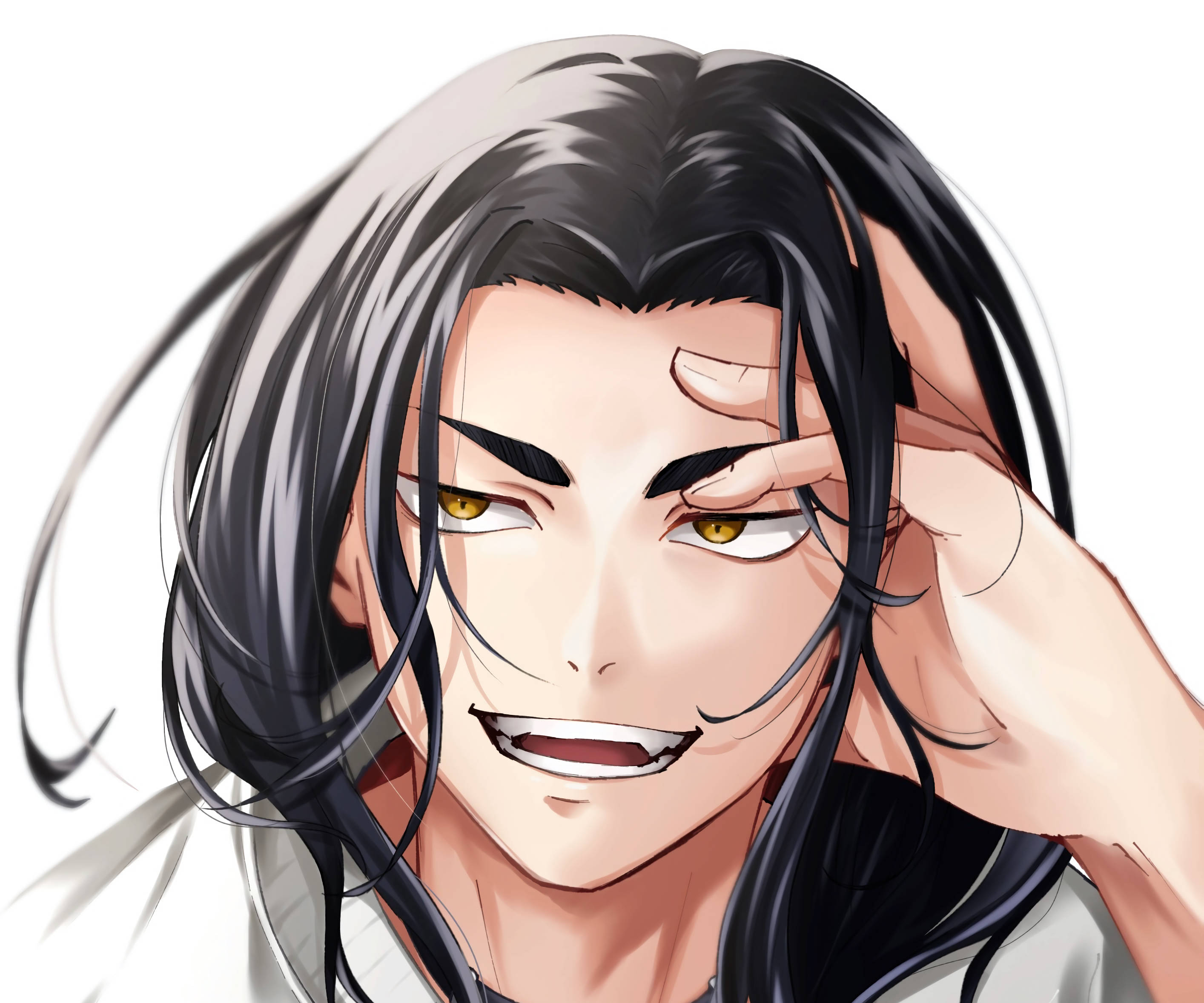 動漫男孩 桌布 壁紙 — 一個長黑髮金眼睛的動漫角色特寫，微笑著觸碰額頭。