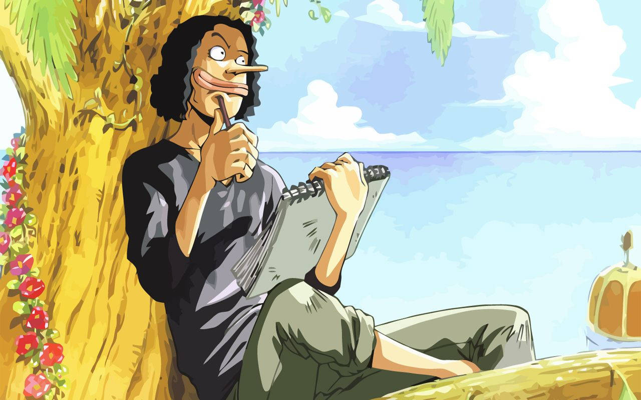 one piece usopp 桌布 壁紙 — 一個長鼻子的卡通角色坐在樹旁，在明亮的藍天下靠近海洋素描。