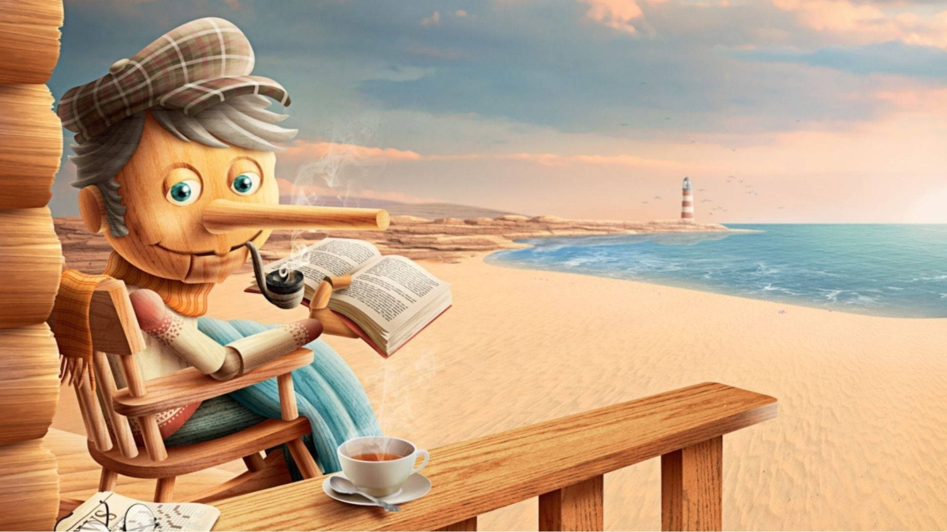 Pinocchio 桌布 壁紙 — 一個長鼻子的木偶人在沙灘門廊上讀書，遠處的燈塔在日落時分閃爍。
