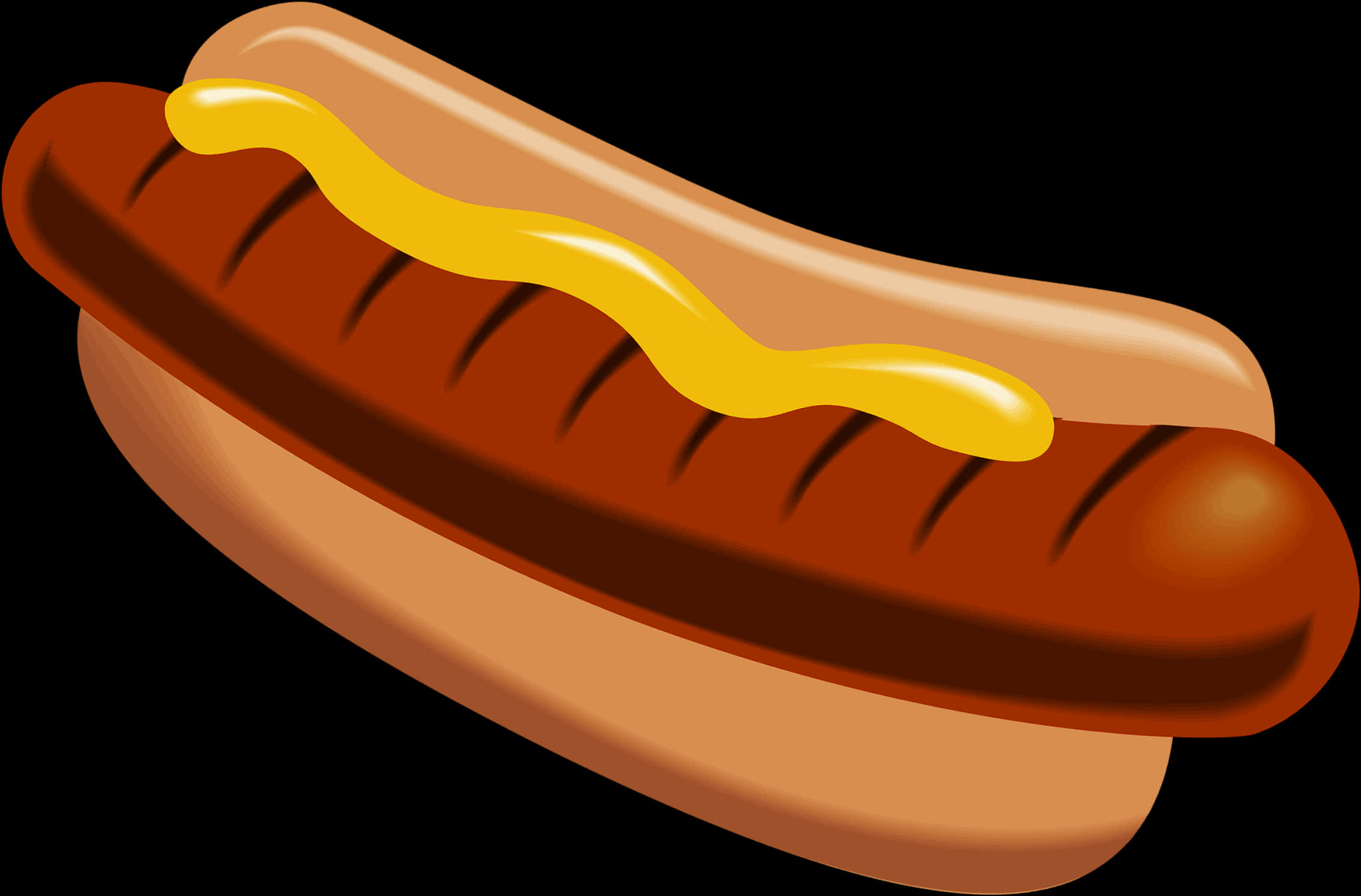 Hot Dog 桌布 壁紙 — 一個閃亮的卡通熱狗麵包，上面有之字形的芥末，背景為黑色。
