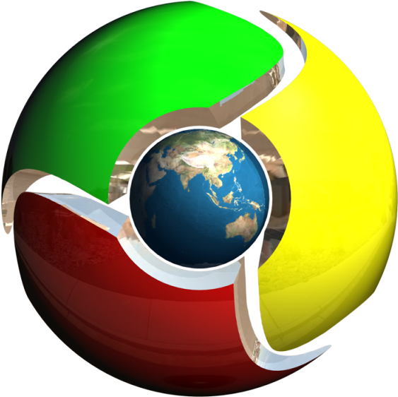Chrome 桌布 壁紙 — 一個閃亮的地球儀，被一個分成綠色、黃色和紅色部分的時尚鍍鉻環包裹，背景為黑色。