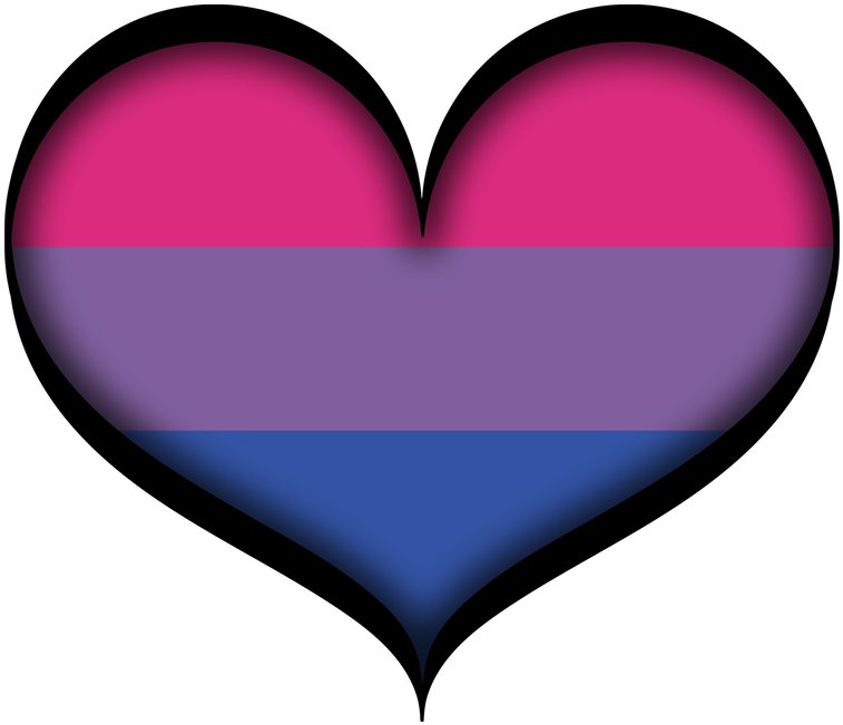 Heart Shape 桌布 壁紙 — 一個閃亮的心形，形狀像雙性戀旗幟，帶有粉紅色、紫色和藍色條紋，背景為黑色。