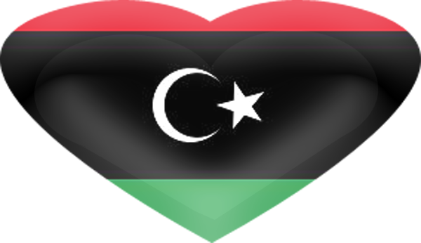 Libya 桌布 壁紙 — 一個閃亮的心形徽章展示了利比亞國旗，帶有紅色、黑色和綠色條紋以及白色的新月和星星。