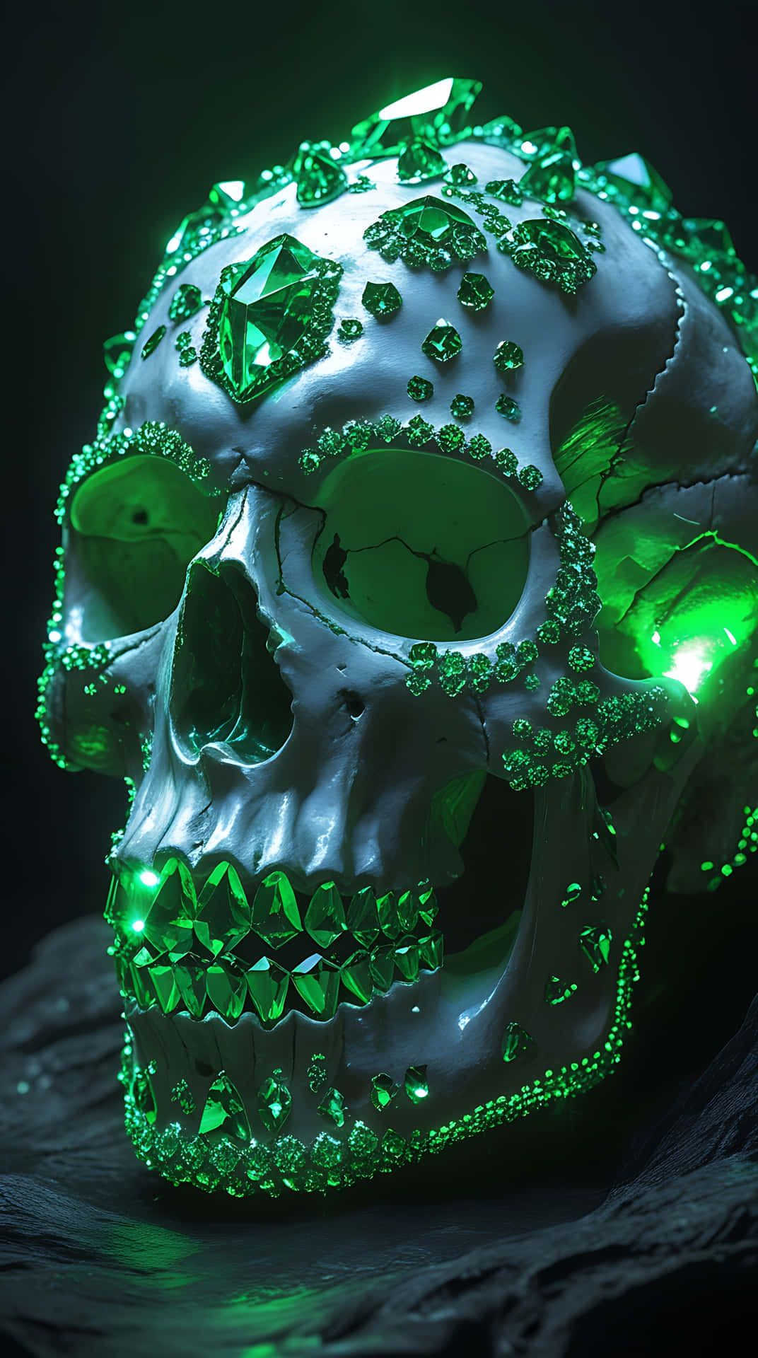 Crystal-Encrusted Skull with Enchanting Green Glow. smartphone wallpaper 壁紙 — 一個閃亮的白色頭骨，飾有發光的綠色寶石和水晶，背景為深色。