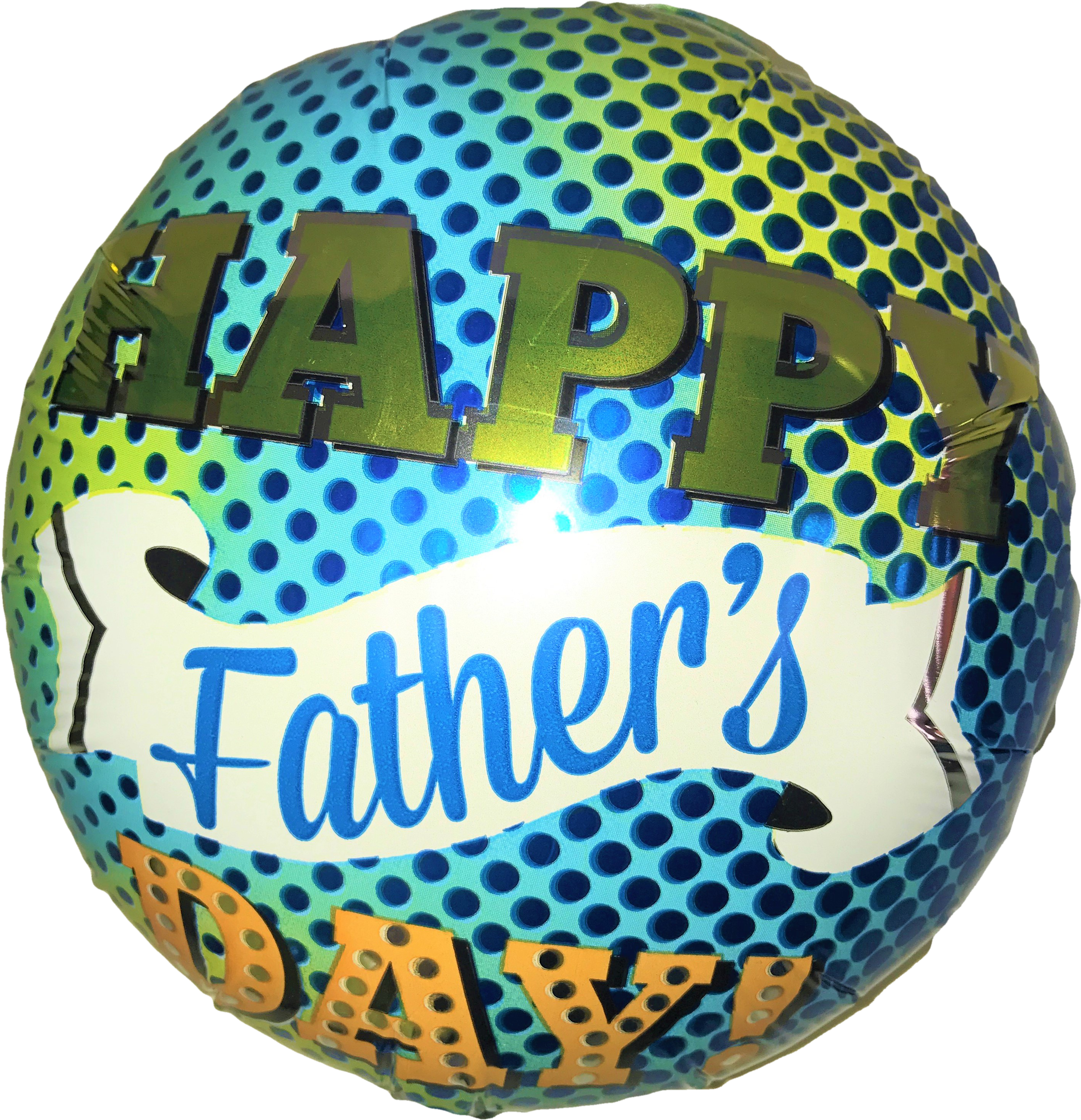 Happy Fathers Day 桌布 壁紙 — 一個閃亮的箔氣球，帶有藍綠色圓點圖案和粗體金屬字體寫著 happy fathers day。