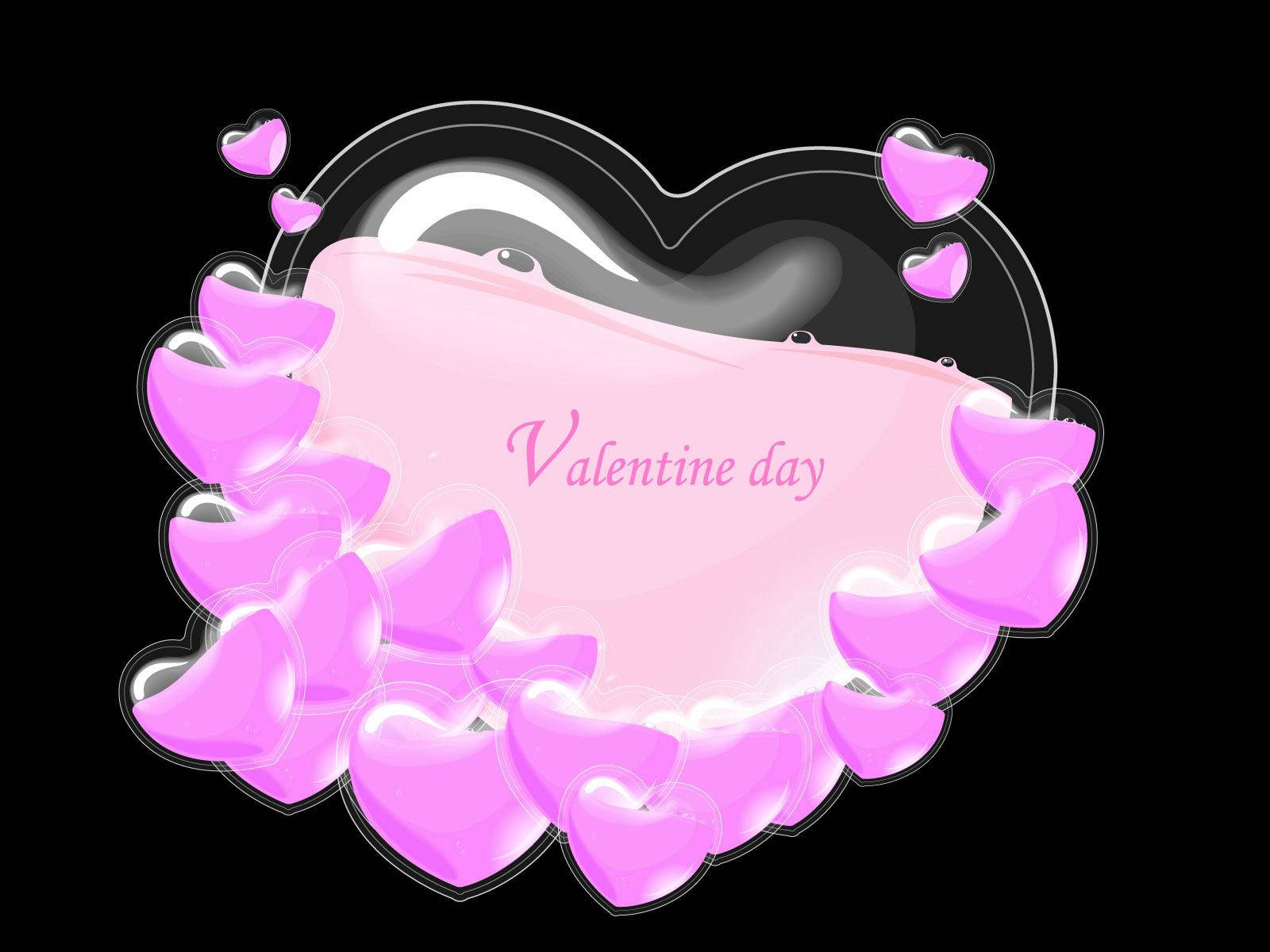 愛心 桌布 壁紙 — 一個閃亮的粉紅色心形肥皂，上面有「Valentine day」文字，周圍漂浮著粉紅色心形，背景為黑色。