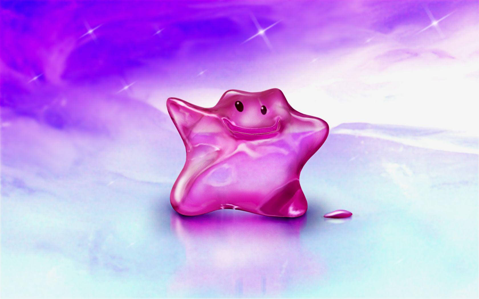 寶可夢 桌布 壁紙 — 一個閃亮的粉紅色星形生物帶著愉快的微笑漂浮在夢幻的紫色和藍色漸變背景上。