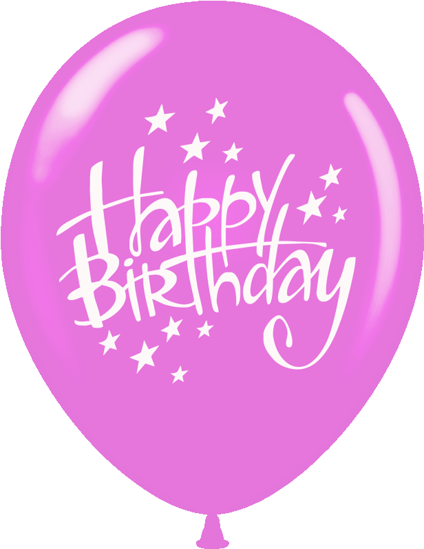 Happy Birthday Balloons 桌布 壁紙 — 一個閃亮的粉紅色氣球，帶有白色草書Happy Birthday文字和散落的星星，背景為黑色。
