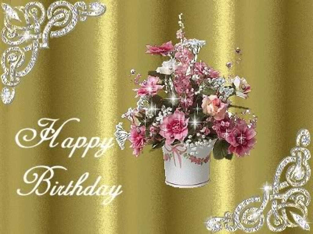 Birthday 桌布 壁紙 — 一個閃亮的粉紅色花束放在白色桶子裡，背景是金色窗簾，上面有'Happy Birthday'字樣和閃亮的角落裝飾。